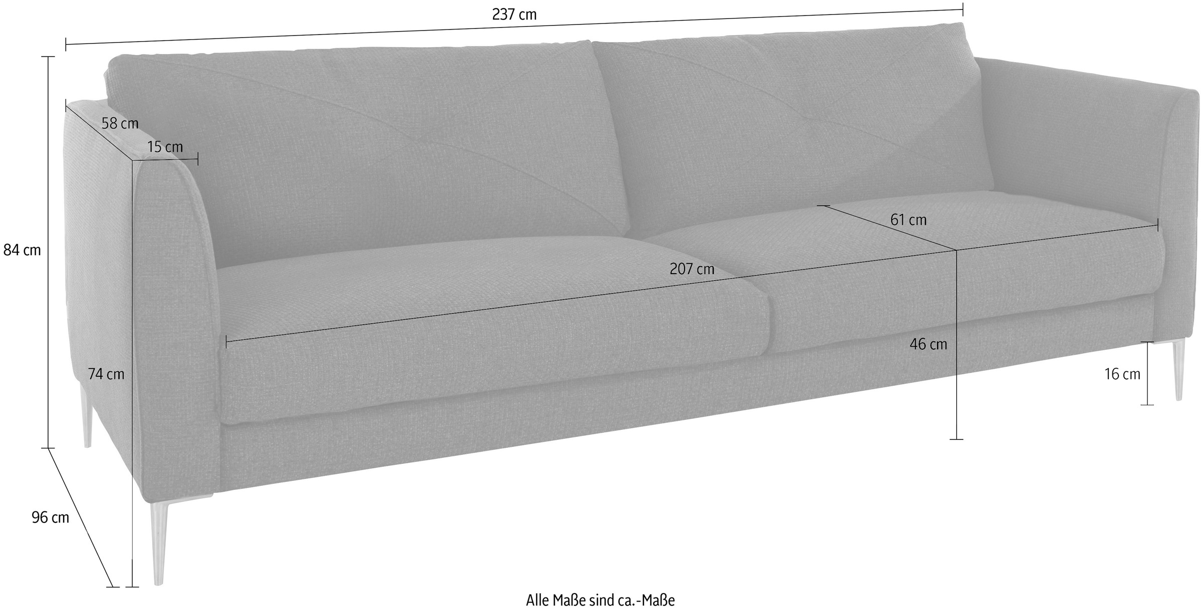 TRENDMANUFAKTUR 2,5-Sitzer »Chilltime, elegant und bequem, Komfortsitzhöhe 46cm, Breite 237cm« mit eleganter Kreuznaht in den Rückenkissen, Breite 237 cm