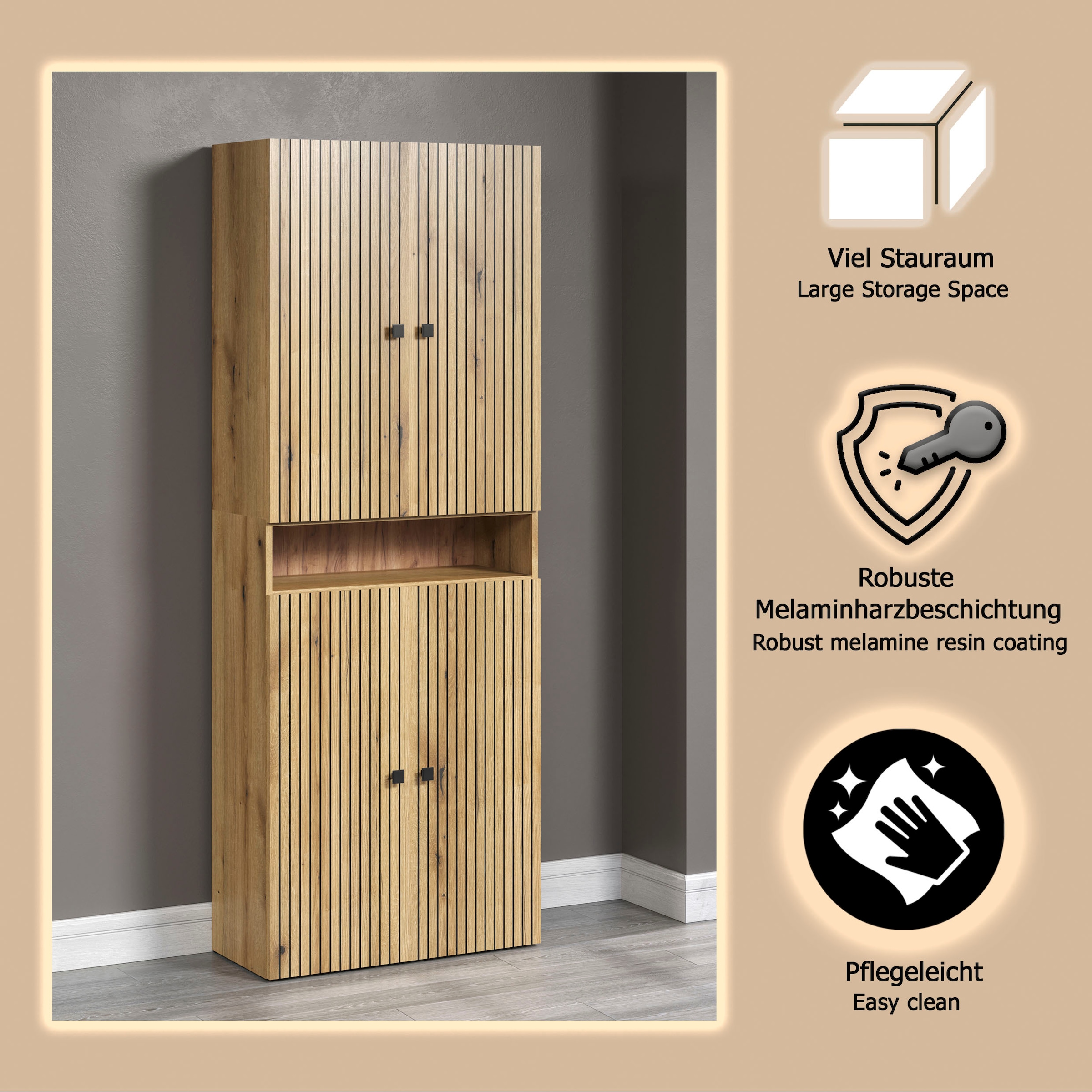 welltime Hochschrank »Amrum« 1 Stk. tlg. Badezimmerschrank mit und ohne Schublade - (B/T/H) 40-70/31/186 cm
