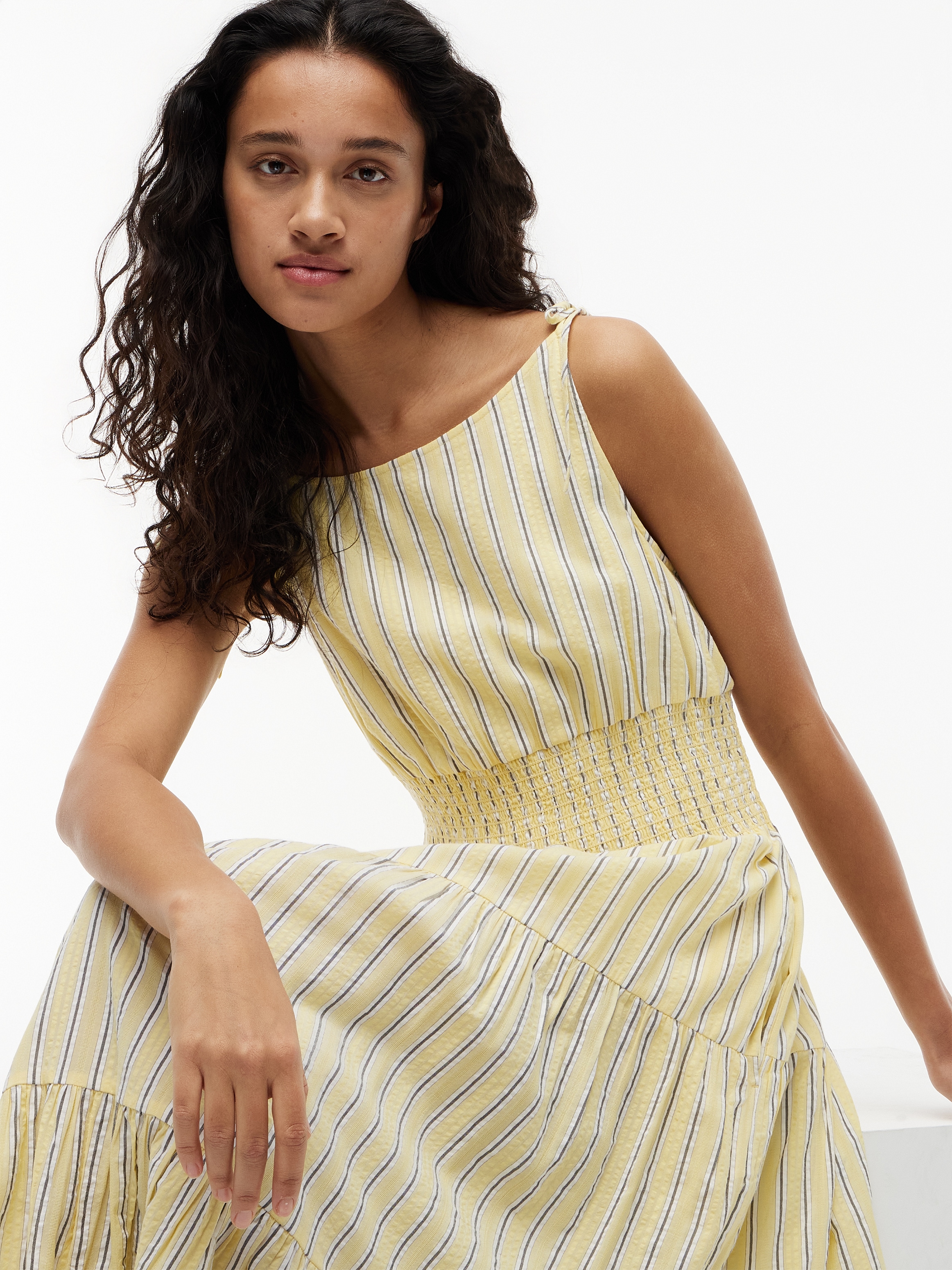 Tommy Hilfiger Trägerkleid »SMOCK TIE NS MIDI DRESS« Ohne Tasche Baumwollmischung, Smok-Einsatz