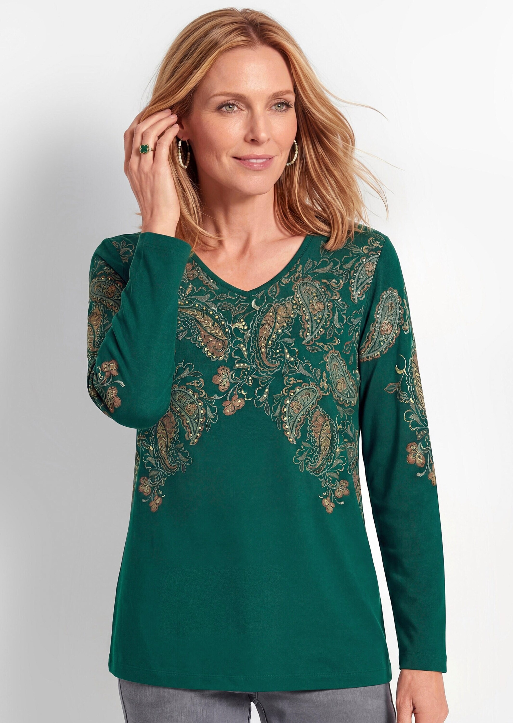 GOLDNER Print-Shirt »Kurzgröße Glitzershirt mit Paisley-Druck« stretchbequmer Viskosejersey
