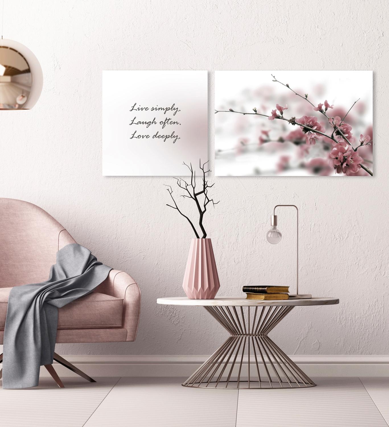 queence Leinwandbild »Live, Laugh & Love«, Blumen-Blumenbilder-Kunst-Modern-Spa-Spa Bilder-Sprüche-Sprüche & Texte-Schriftzug-Schriftzüge, (Set), Premium-Leinwandstoff, Handarbeit aus Deutschland, Spruch, 2er Set