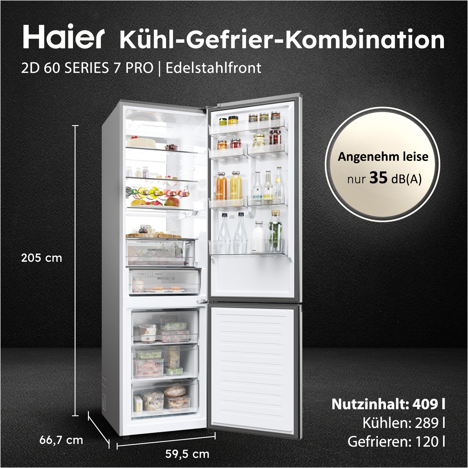 Haier Kühl-/Gefrierkombination Combi 2D 60 »HDPW7620ANPK« 205 cm hoch 59,5 cm breit Daylight: LED-Lichtsäule für optimale Sicht