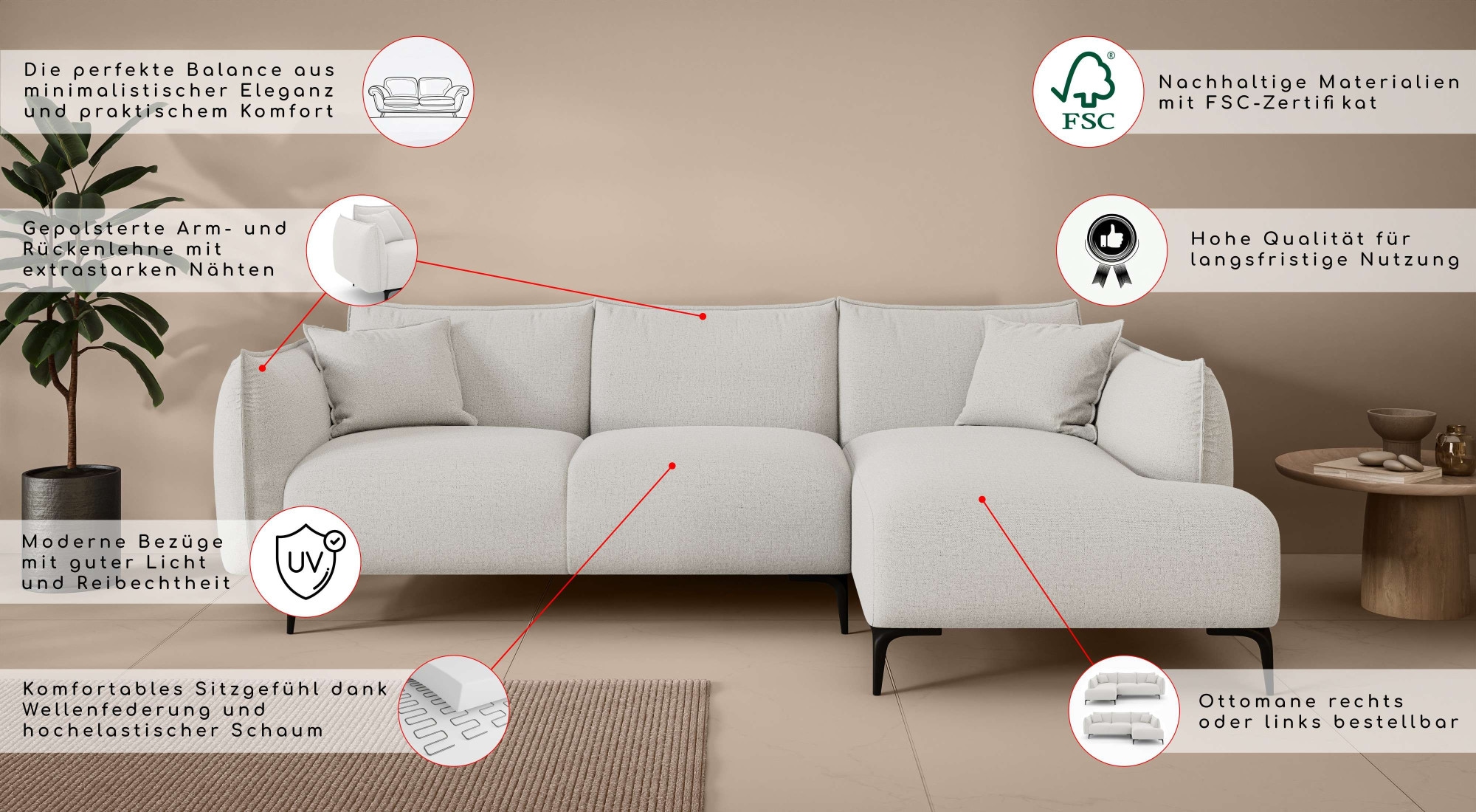 LeGer Home by Lena Gercke Ecksofa »Adelita mit Ottomane links oder rechts bestellbar, B/H/T 270/97/168«, L-Form mit Wellenunterfederung, enthält 2 Zierkissen