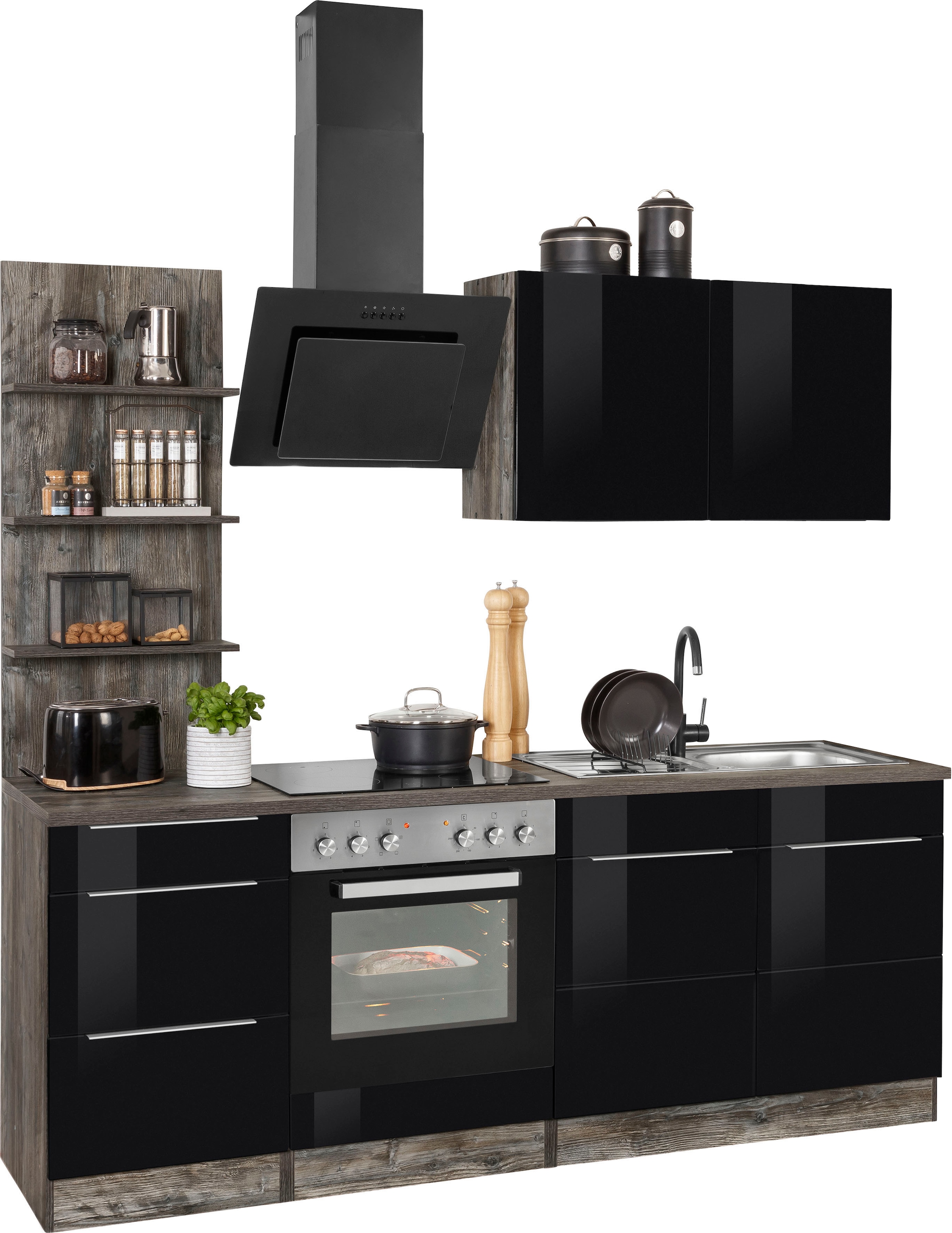 KOCHSTATION Küchenzeile »KS-Brindisi« Breite 210 cm, wahlweise mit E-Geräten, mit MDF-Fronten und Regal