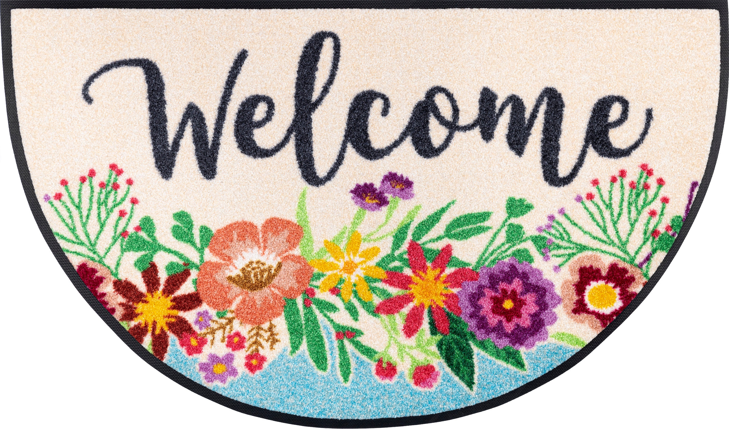 wash+dry by Kleen-Tex Fußmatte »Round Welcome Blooming«, halbrund, 7 mm Höhe, Schmutzfangmatte, Motiv Blumen, mit Spruch, rutschhemmend, waschbar