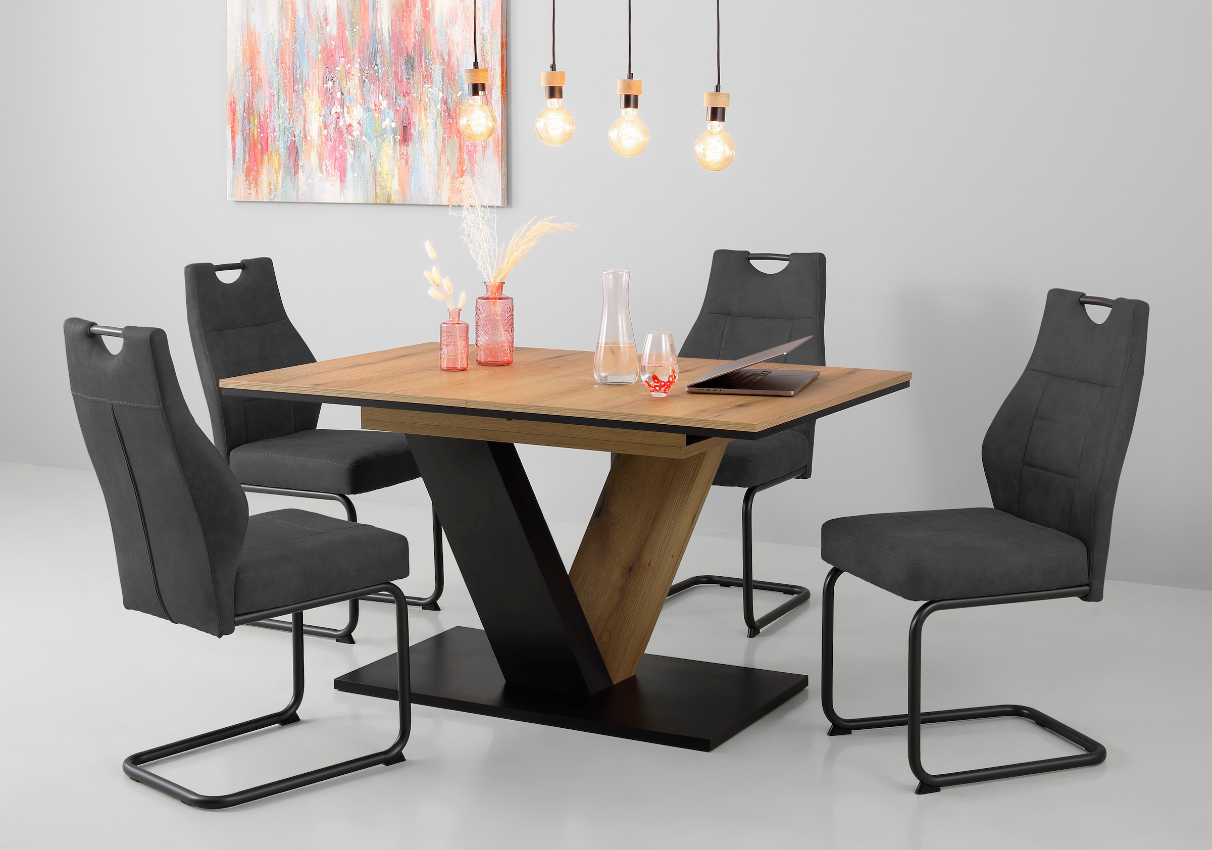 HELA Essgruppe »EMS Tisch 140-180x90 cm ausziehbar, Esstisch inkl. 4 Stühle«, (Set, 5 tlg., 5tlg. Set, Esstisch plus 4 Esszimmerstühle), Ausziehtisch Freischwinger, Stuhl mit Federkern, Bestseller