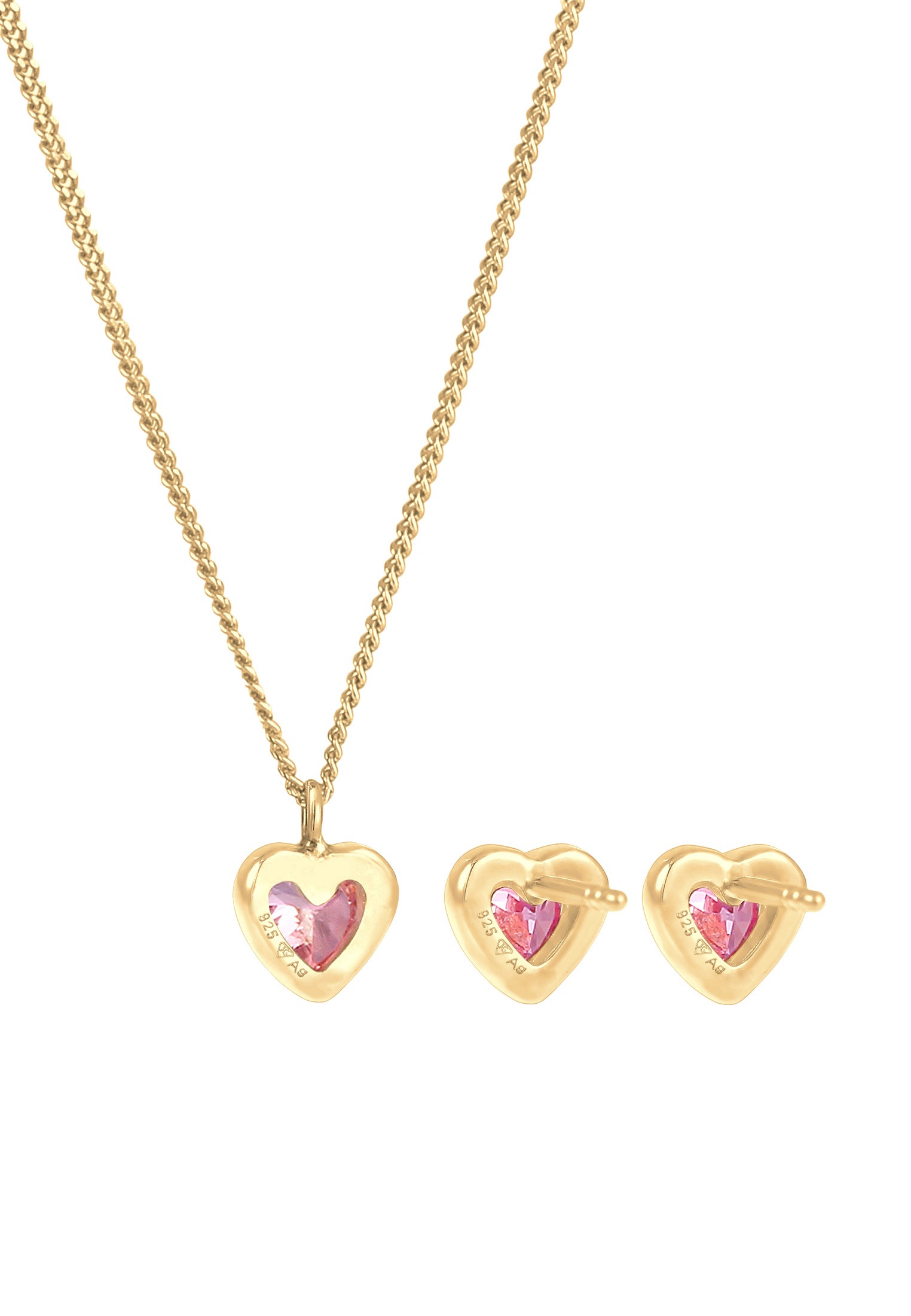 Elli Ohrring und Ketten Set »Schmuckset Kinder Kette Stecker Herz Zirkonia Rosa 925 Silber«