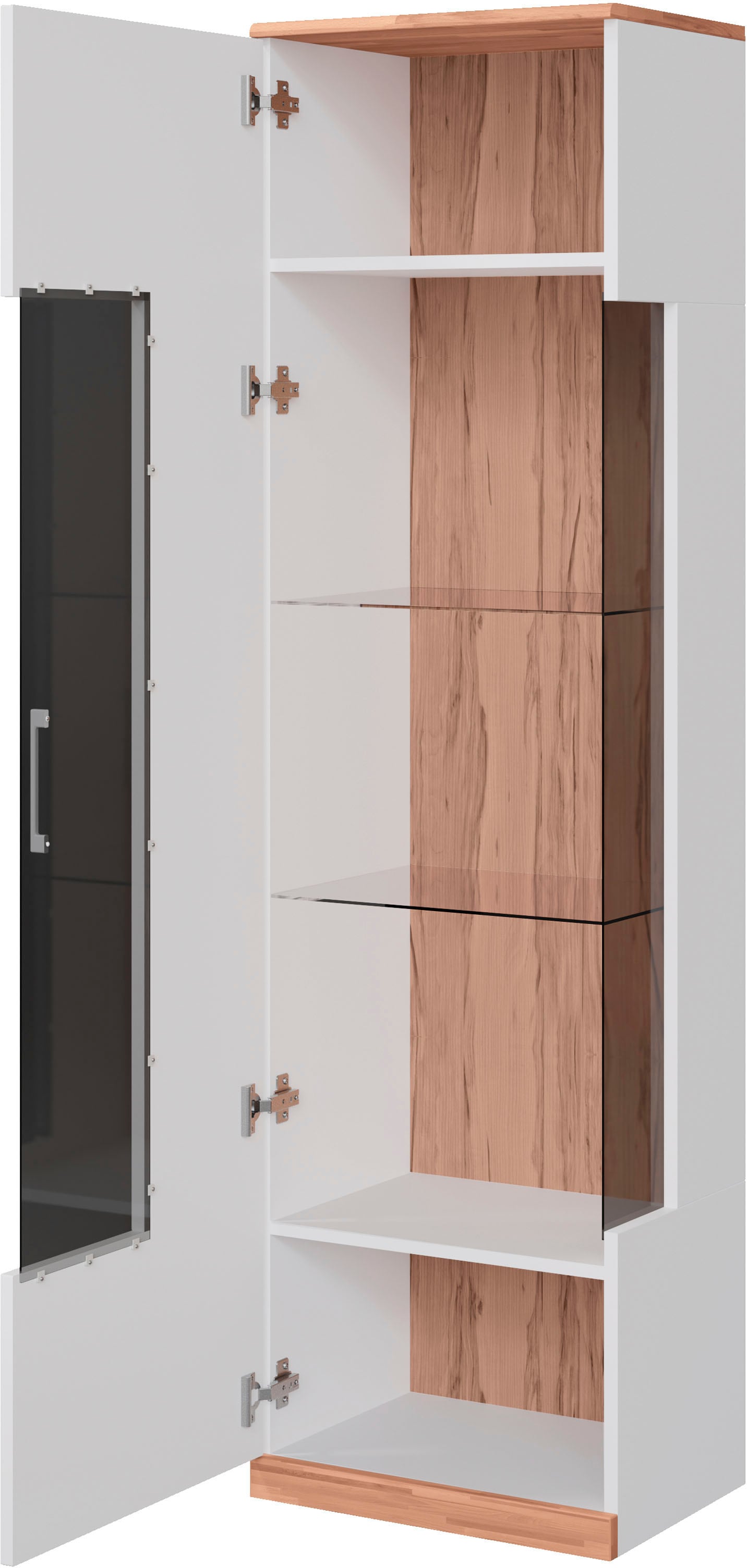 Home affaire Vitrine »Ribe,180cm hoch,5 Fächer,2 Glasböden variabel einsetzbar«, Oberplatte Kernbuche massiv,dunkles Glas, schwarze Metall Griffe