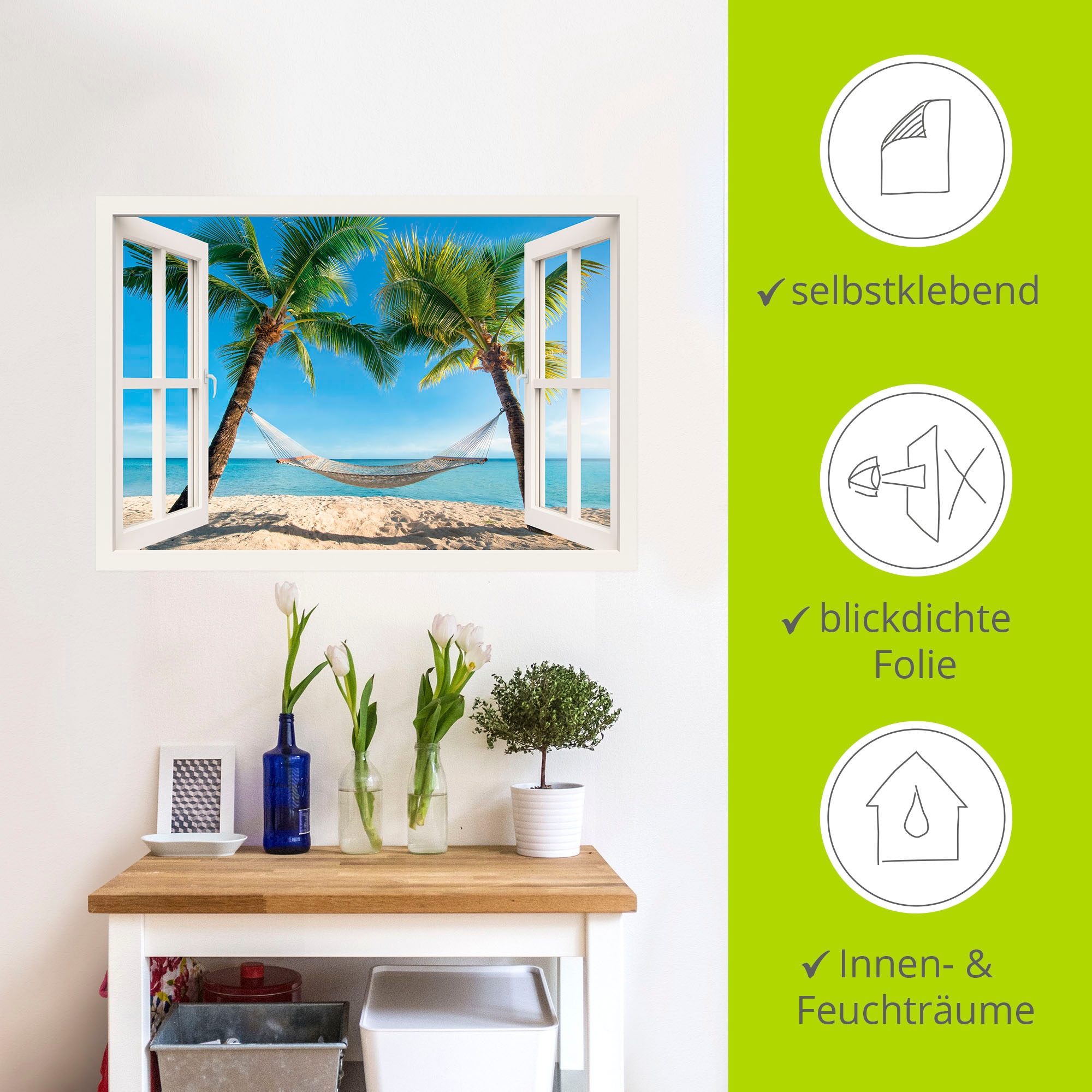Artland Wandbild »Fensterblick Palmenstrand Karibik«, Amerika, (1 St.), als Alubild, Outdoorbild, Leinwandbild, Poster, Wandaufkleber