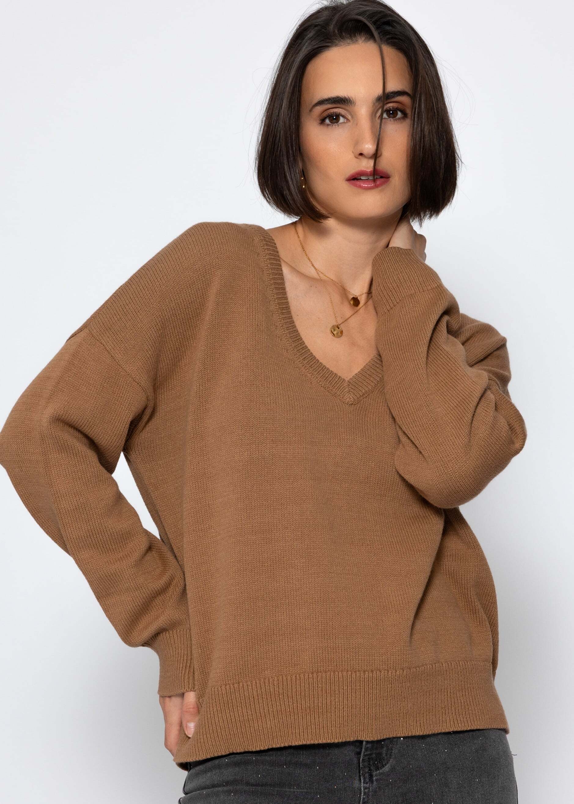 SASSYCLASSY Longpullover »Oversize Baumwoll-Pullover mit tiefem V-Ausschnitt« Lässiger Pullover mit V-Ausschnitt und gerippten Abschlüssen