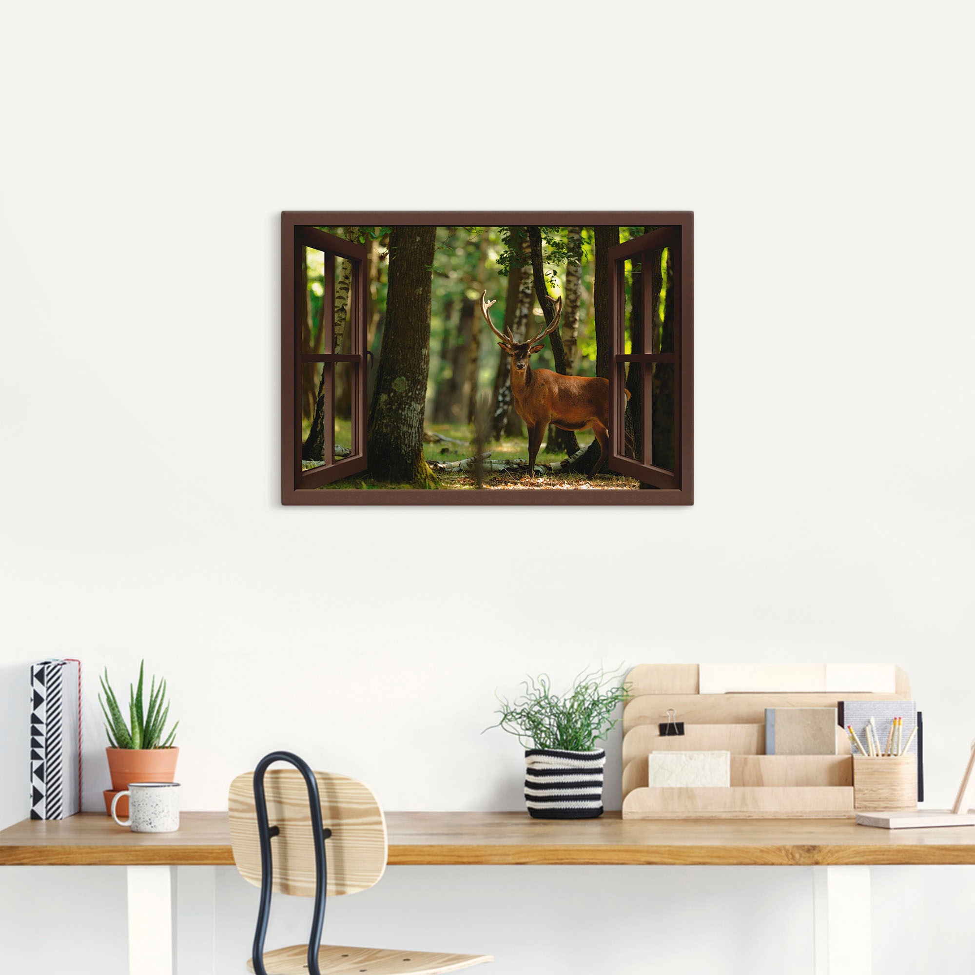 Artland Wandbild »Fensterblick - Hirsch 4 - Wald«, Fensterblick, (1 St.), als Leinwandbild, Wandaufkleber in verschied. Größen