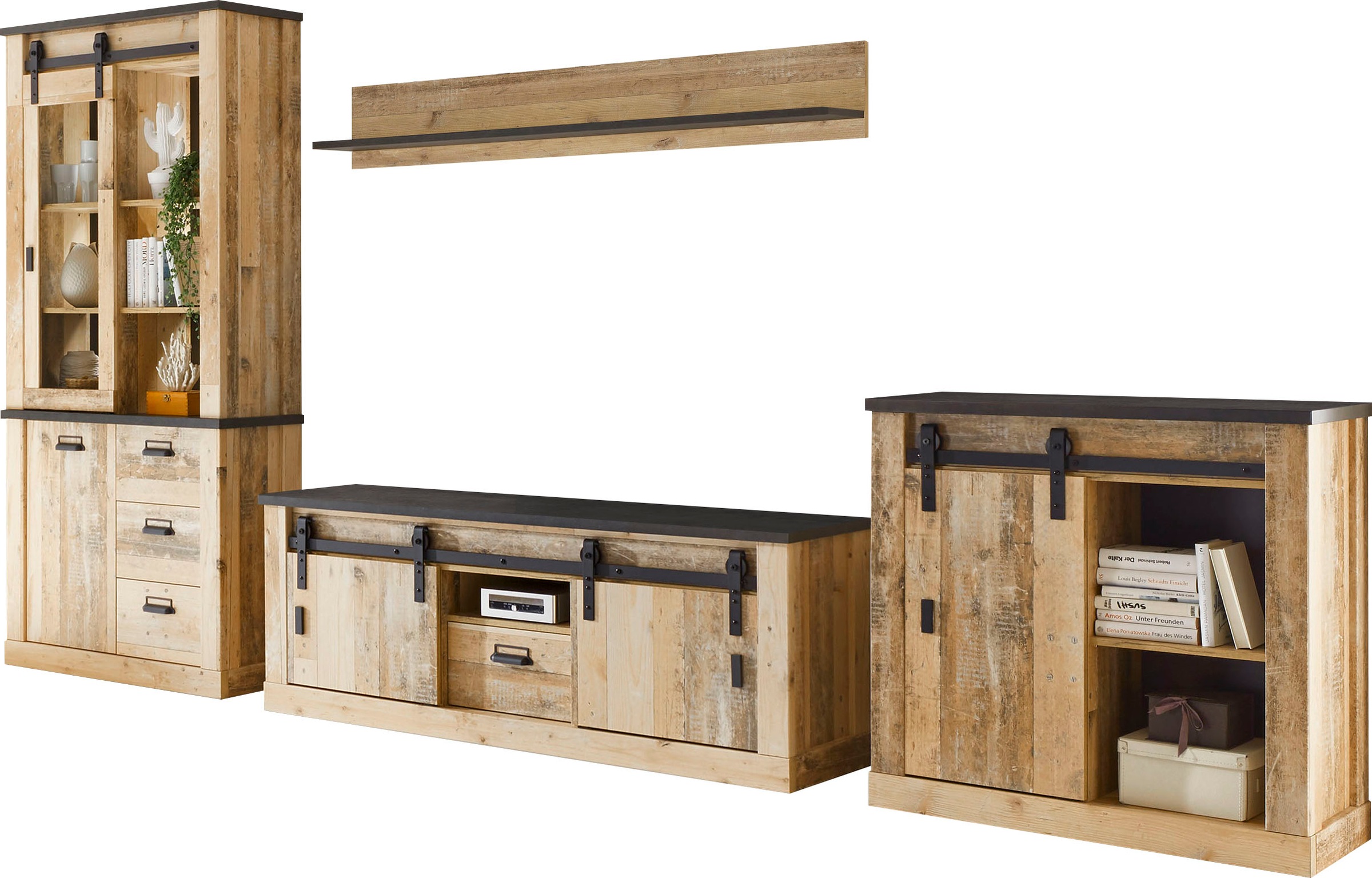 Premium collection by Home affaire Wohnwand »SHERWOOD«, (4 St.), in modernem Holz Dekor, mit Scheunentorbeschlag und Apothekergriffen aus Metall, Breite ca. 388 cm