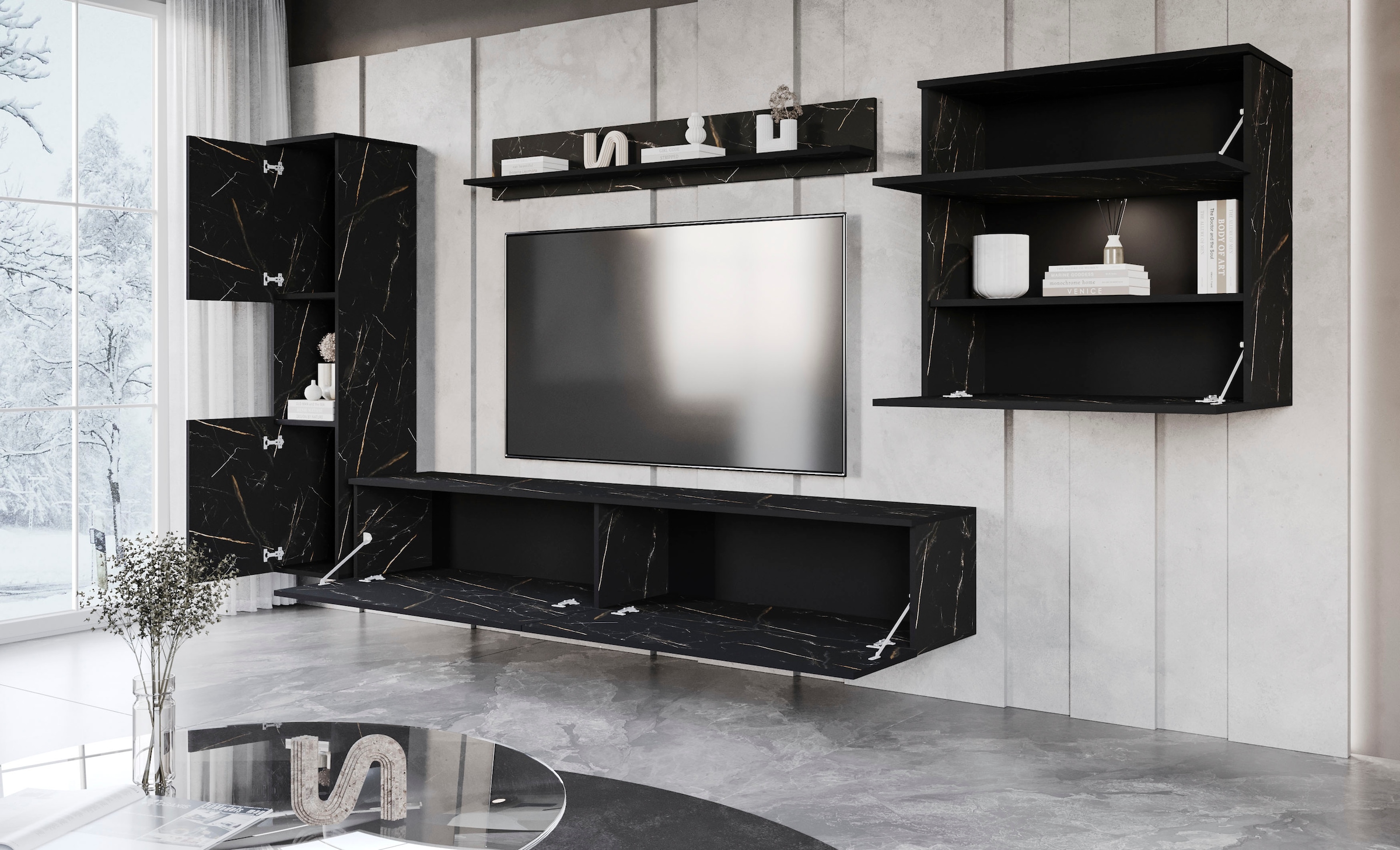 INOSIGN Wohnwand »PARIS«, (Komplett-Set, 4 St.), TV-Wand 300cm breite, grifflose Design, stehend und hängend montierbar