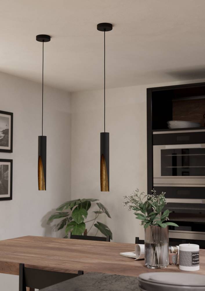 EGLO Hängeleuchte »BARBOTTO Pendellampe, Stahl, GU10, IP20, Hängelampe, Esstischlampe«, 1 flammig, Leuchtmittel GU10 | LED fest integriert, Hängeleuchte, H110 x Ø6,0 cm, schwarz, gold, 1X4,5W inkl.