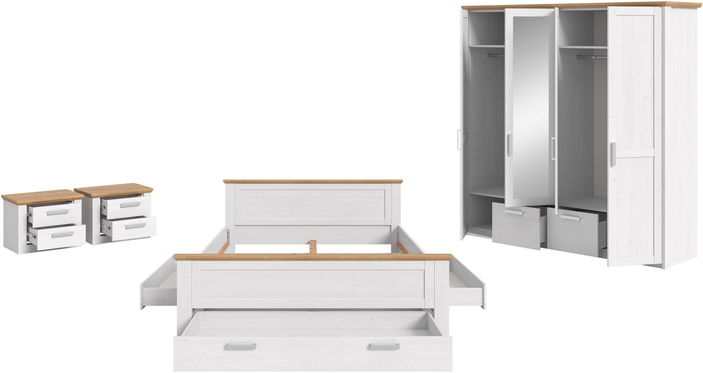 Home affaire Schlafzimmer-Set »COSENZA, 4-teilig, Kleiderschrank, Bett & 2x Nachttische« Matratzengröße 180x200 cm, viel Stauraum, ohne Lattenrost & Matratze, 4 tlg. tlg. Schlafzimmer, Schlafen, Set, Kombination, Bettanlage