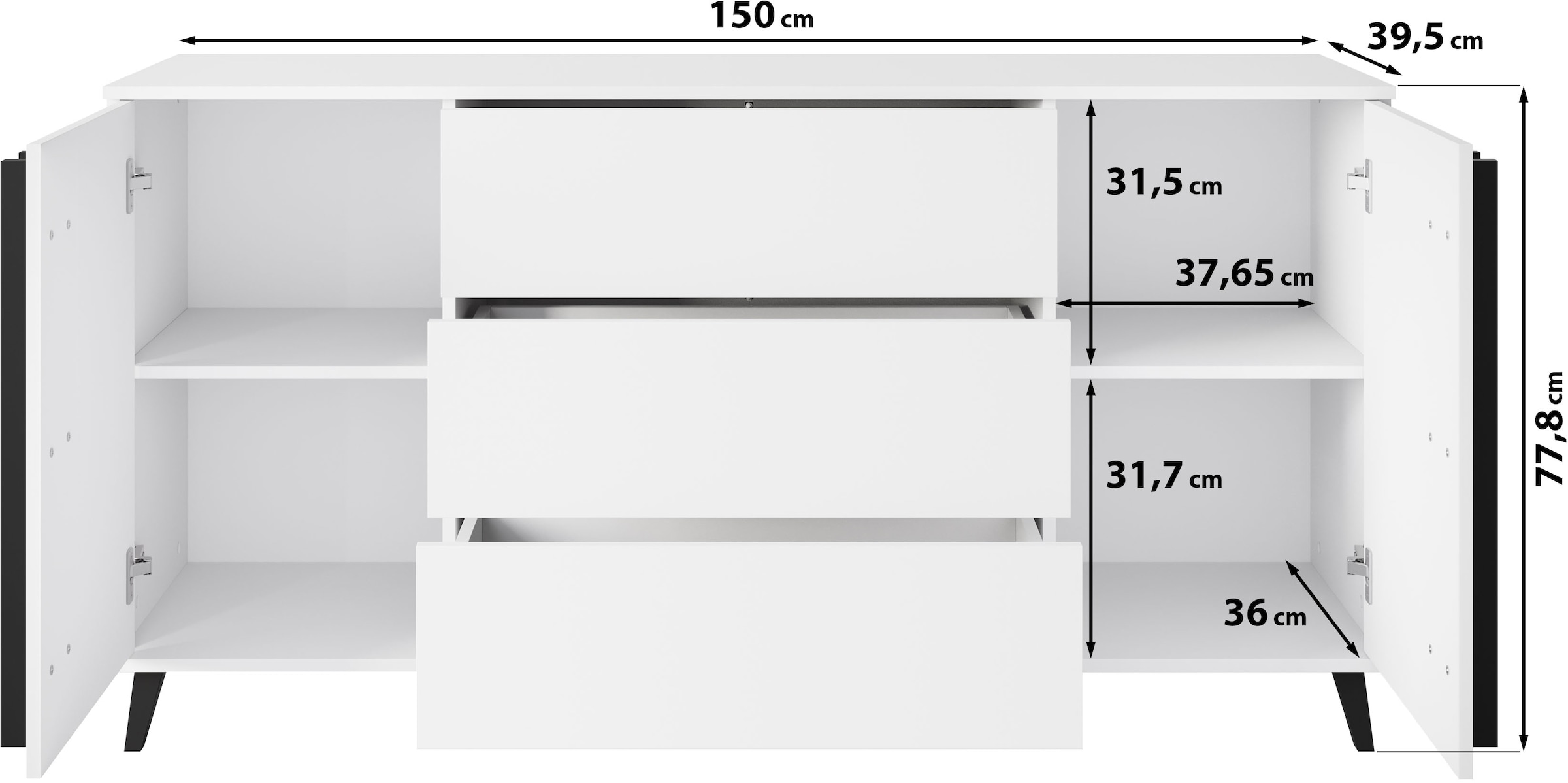 INOSIGN Sideboard »Helsinki, Kommode mit 2 Türen und 3 Schubladen, Breite 150 cm«, (1 St.), Push-to-Open-Schubladen, höhenverstellbare Einlegeböden