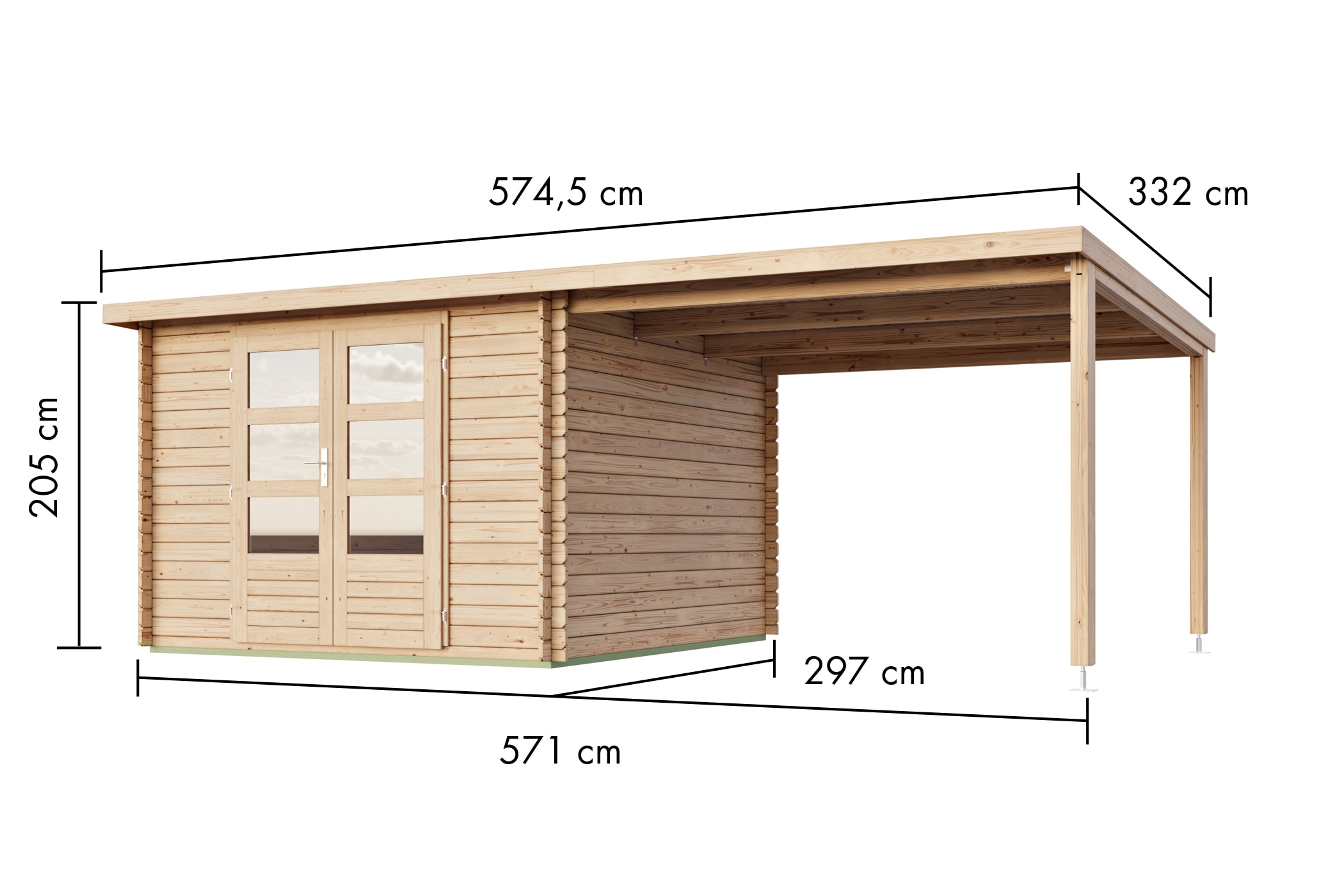 Karibu Gartenhaus »"Remus" Pultdach 2,97x2,97m inkl Anbaudach 3m naturbelassen« Gartenhaus aus hochwertiger nordischer Fichte