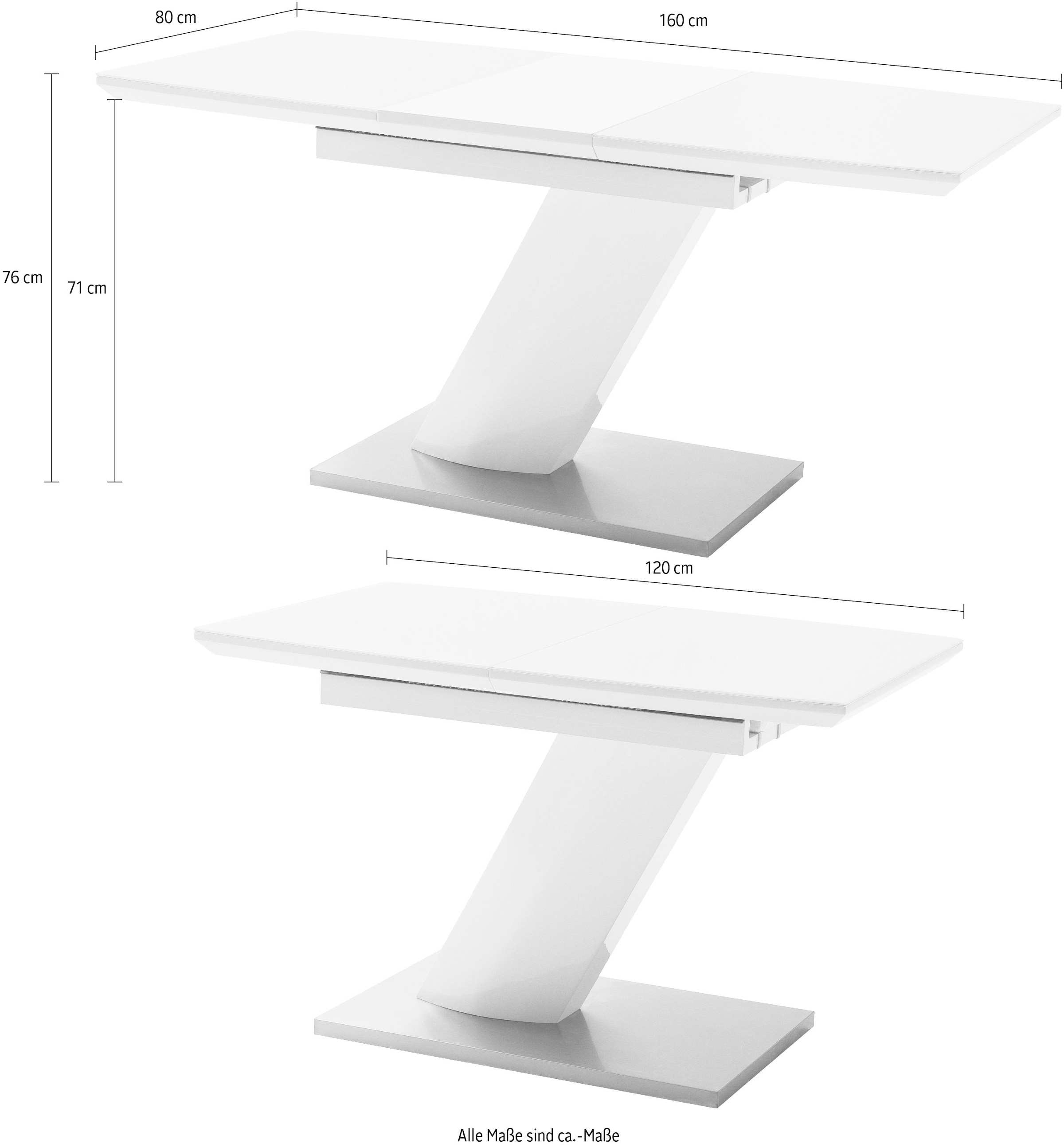 MCA furniture Esstisch »Galina, TOPSELLER!«, (Esstisch, Tisch), Bootsform in weiß mit Synchronauszug vormontiert, Sicherheitsglas
