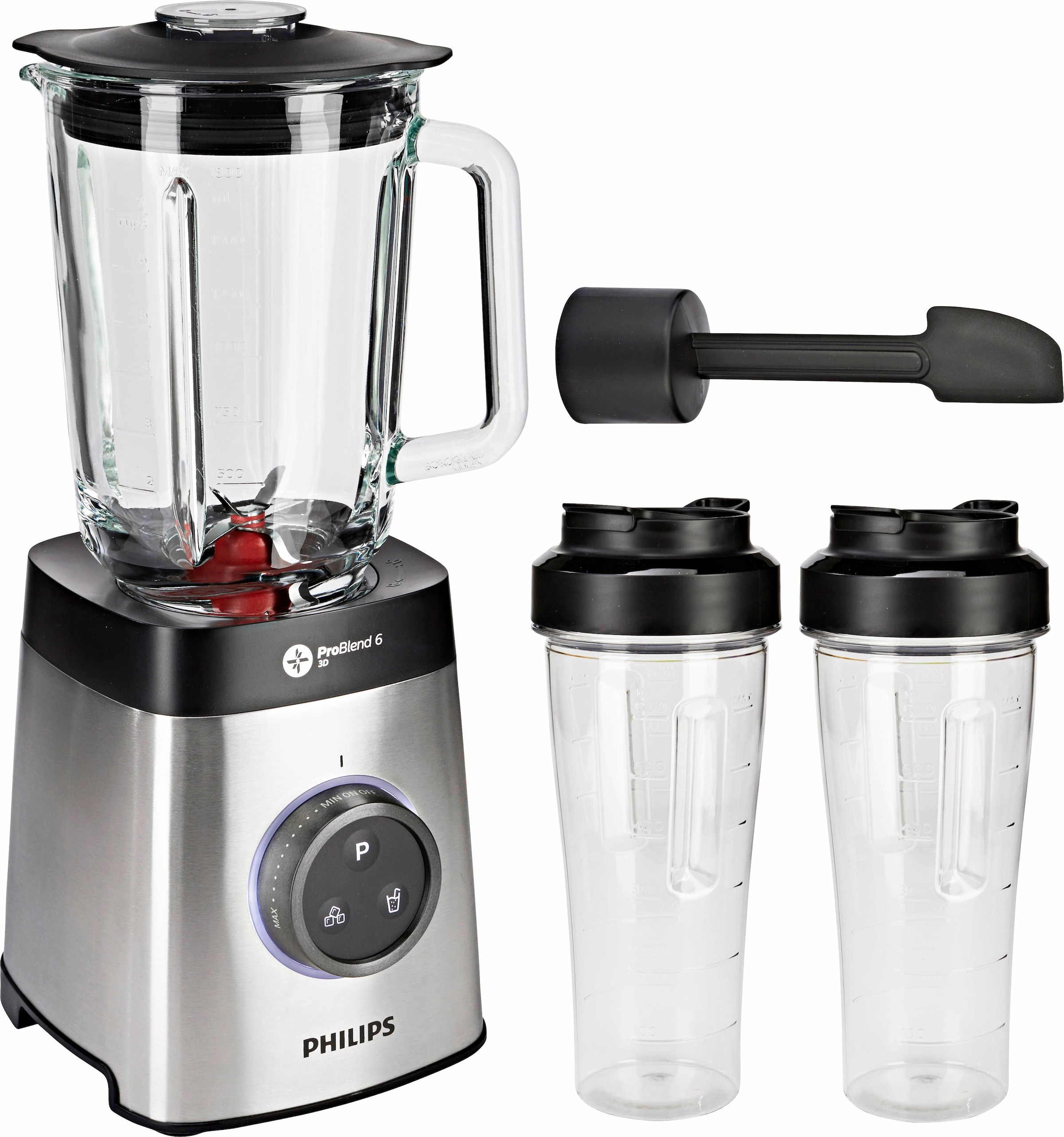 Philips Standmixer »HR3655/00 Avance Collection, mit ProBlend 6 3D-Technologie,«, 1400 W, 1,8L-Glasbehälter und 2 Trinkflaschen; Metallic