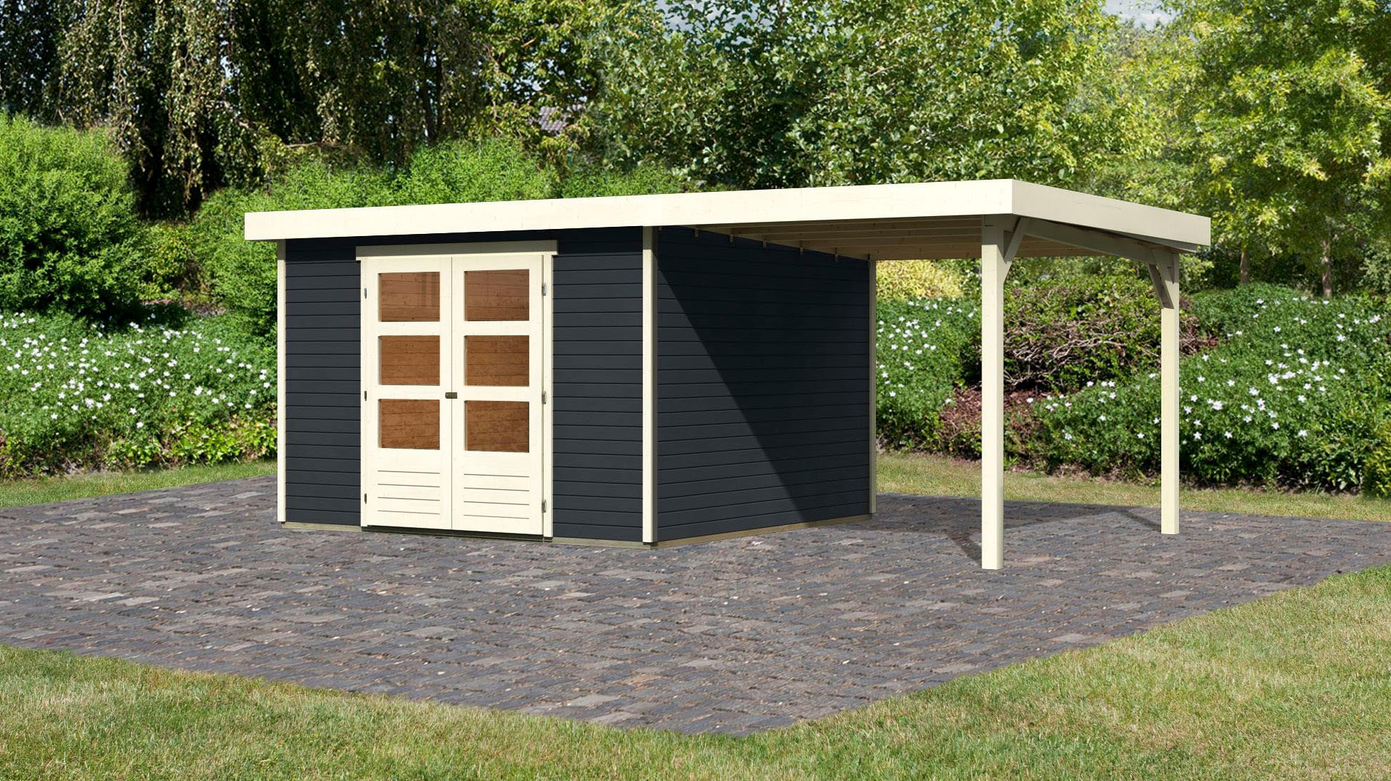 Karibu Gartenhaus »Arnis«, (Set), mit Anbaudach 2,40 m Breite