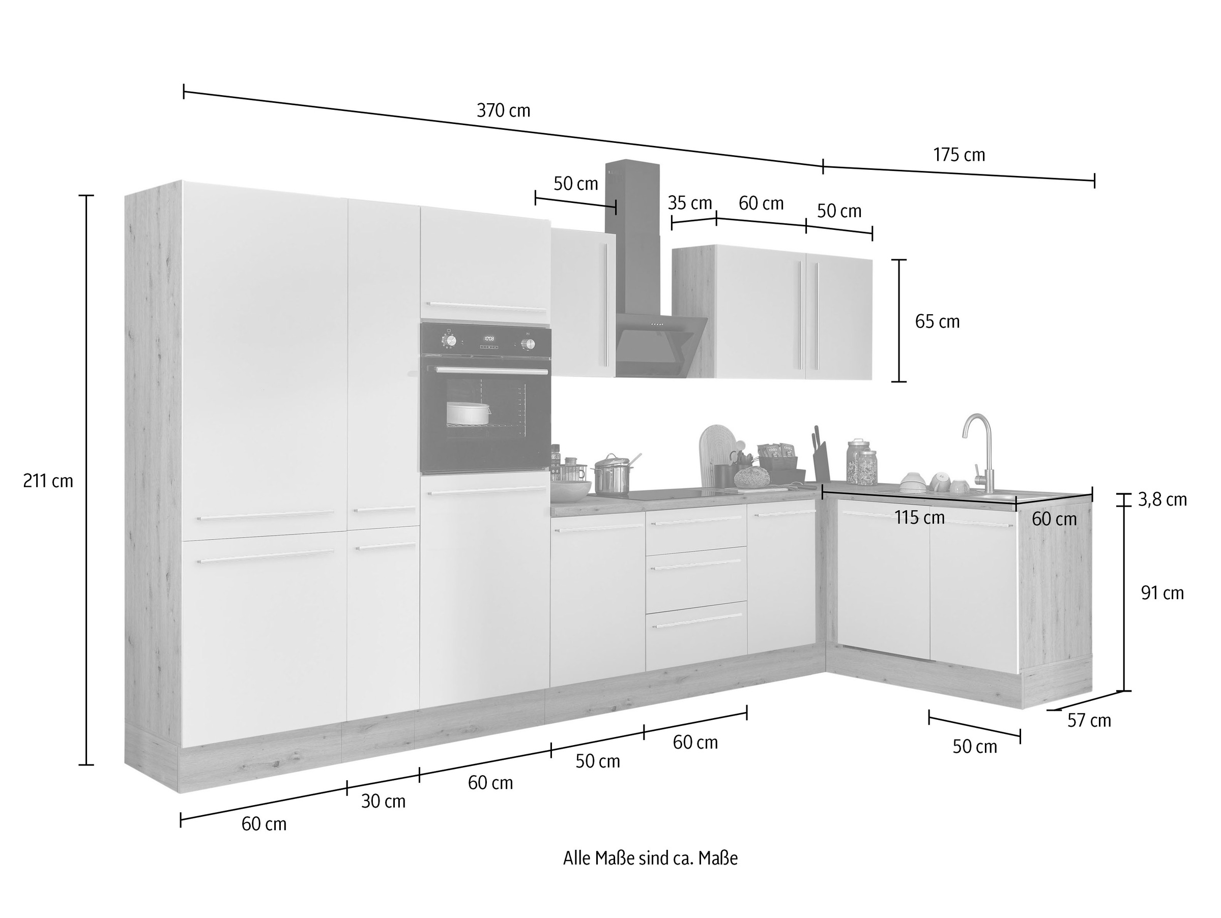 KOCHSTATION Winkelküche »Florida, Stellbreite 370x175 cm«, wahlweise mit E-Geräten, mit Softclose für Türen und Schubkästen