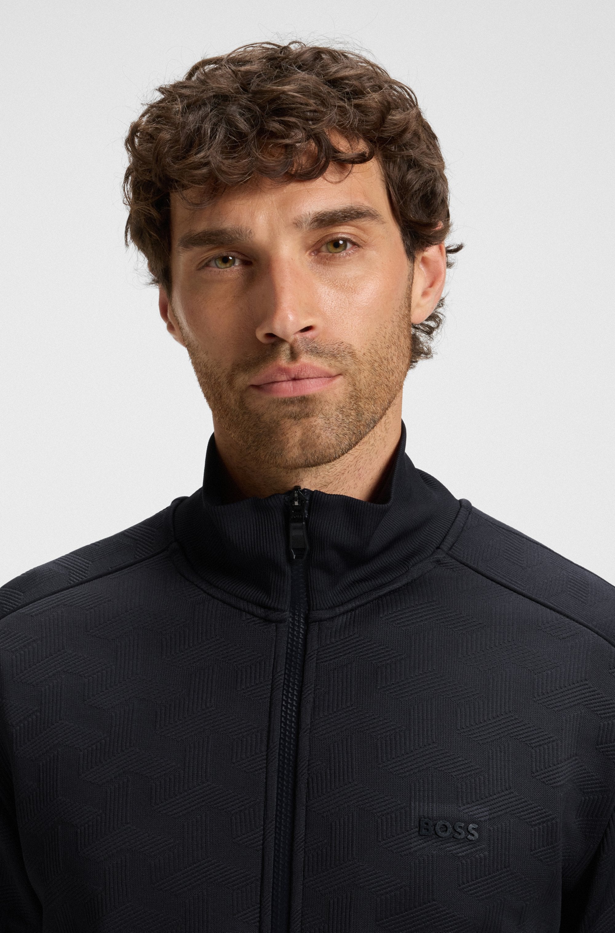 BOSS GREEN Sweatjacke »Mirror«, Flachstrickkragen, regular fit, Reißverschluss, gesteppter Jacquard