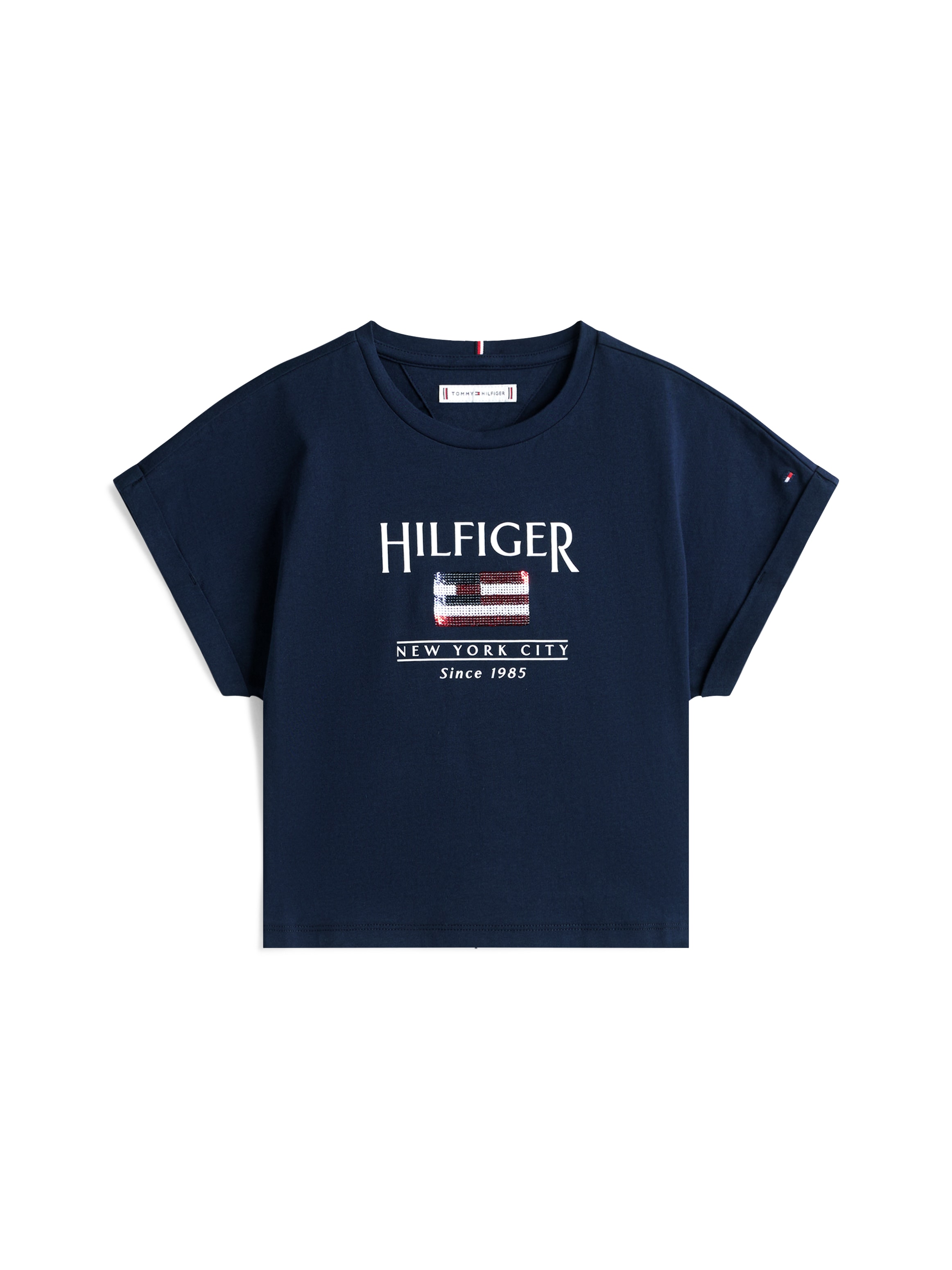 Tommy Hilfiger Kurzarmshirt »HILFIGER SEQUINS FLAG TEE SS«, mit Pailetten, mit Logodruck
