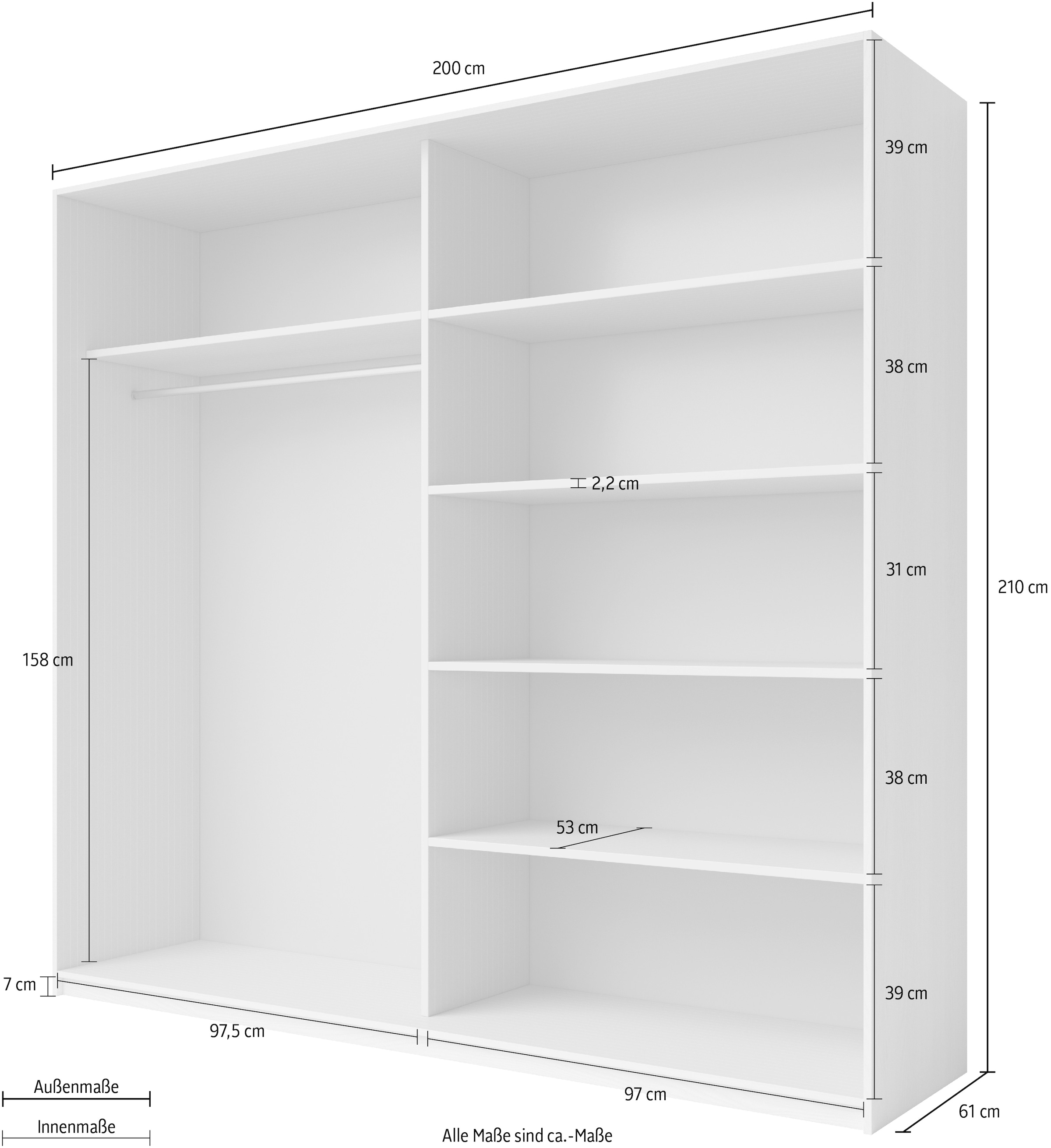 Home affaire Schwebetürenschrank »Galaxy Kleiderschrank, Wäscheschrank 200, 220 oder 270cm breit«, INKLUSIVE kompletter Innenausstattung, Metallgriffe