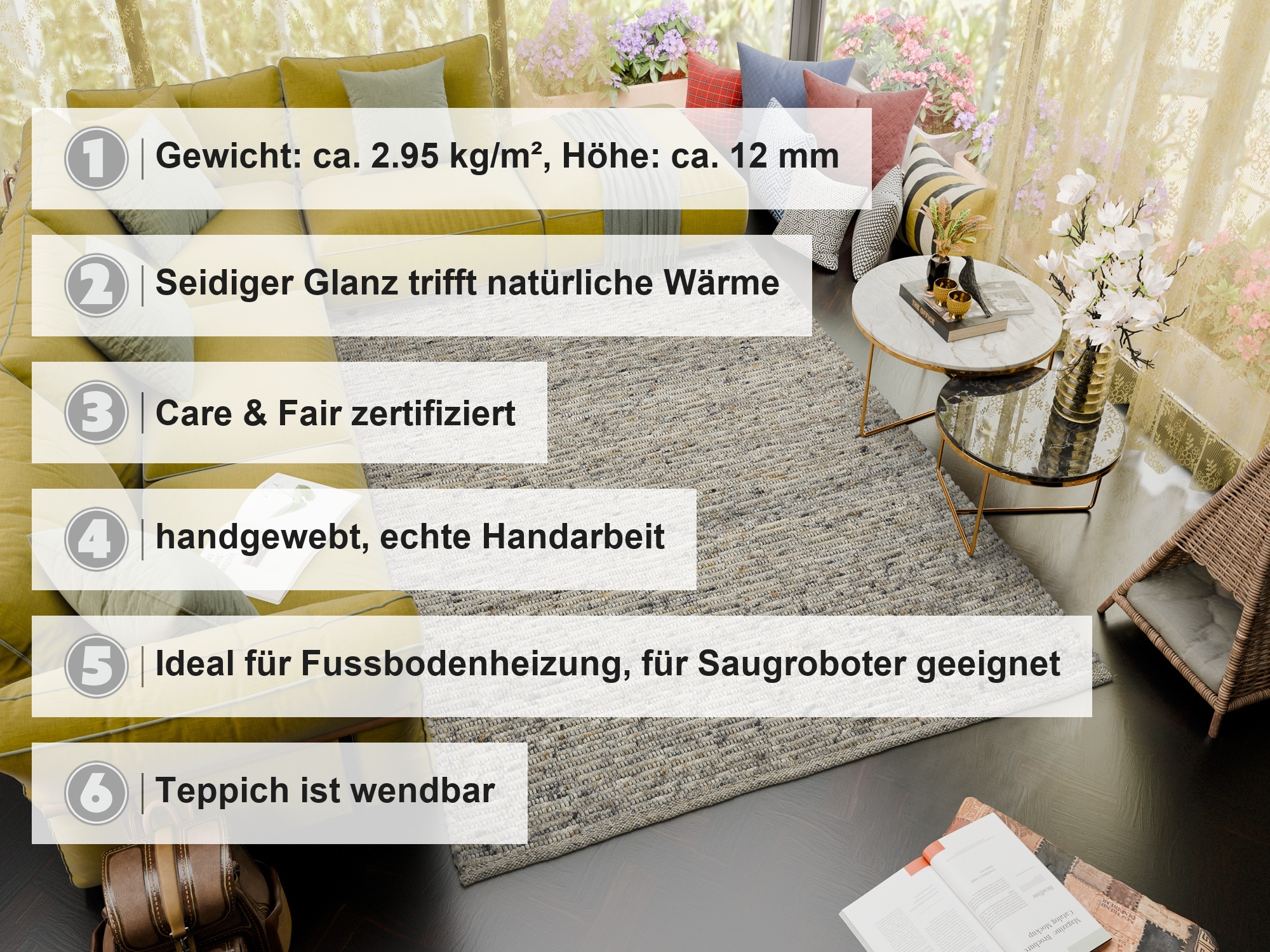 OCI DIE TEPPICHMARKE Wollteppich »ATRIUM HANDWEB« rechteckig 12 mm Höhe 70% Wolle, handgewebt, Naturfasern, Wendeteppich, Wohnzimmer