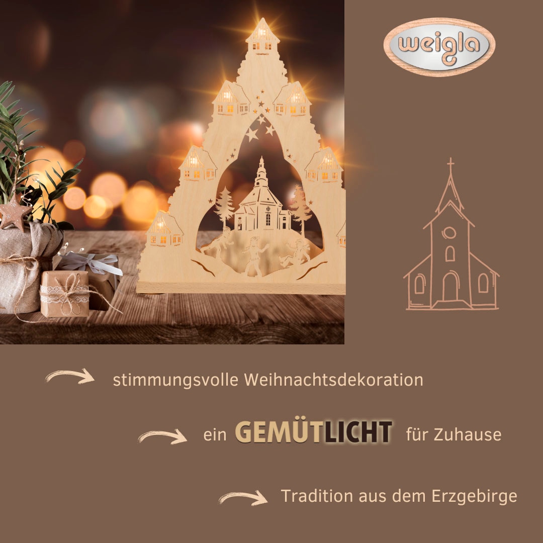 Weigla Schwibbogen »Seiffener Kirche, Lichterspitze aus Holz, NATUR«, Erzgebirge garantiert, Weihnachtsdeko Innen, Weihnachtsbeleuchtung