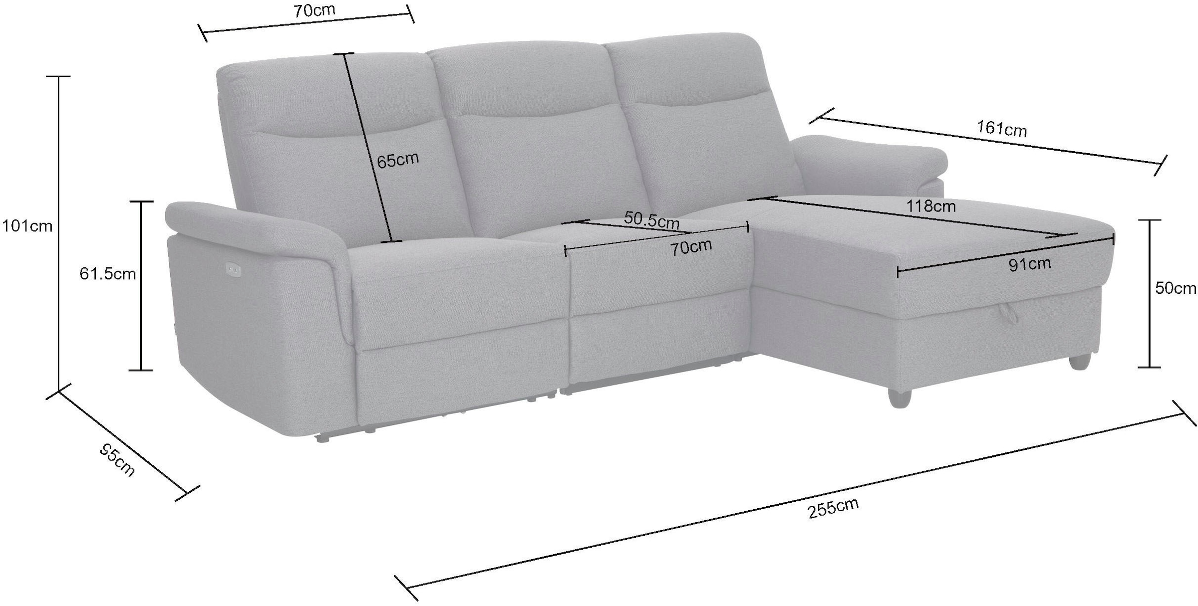 Home affaire Ecksofa »BRIONNE, L-Form, 255cm, manuelle u. elektrische Funktion (USB A/C),« Liegefunktion, Stauraum, Federkernpolsterung, Webstoff