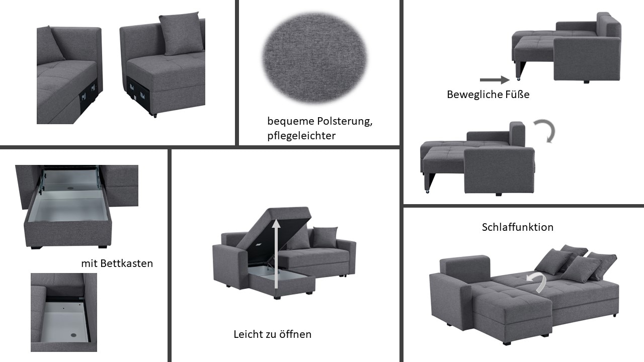 INOSIGN Ecksofa »KILLAM, 217 cm, L-Form, mit Schlaffunktion u. Bettkasten«, Recamiere rechts / links montierbar, in Cord und Webstoff