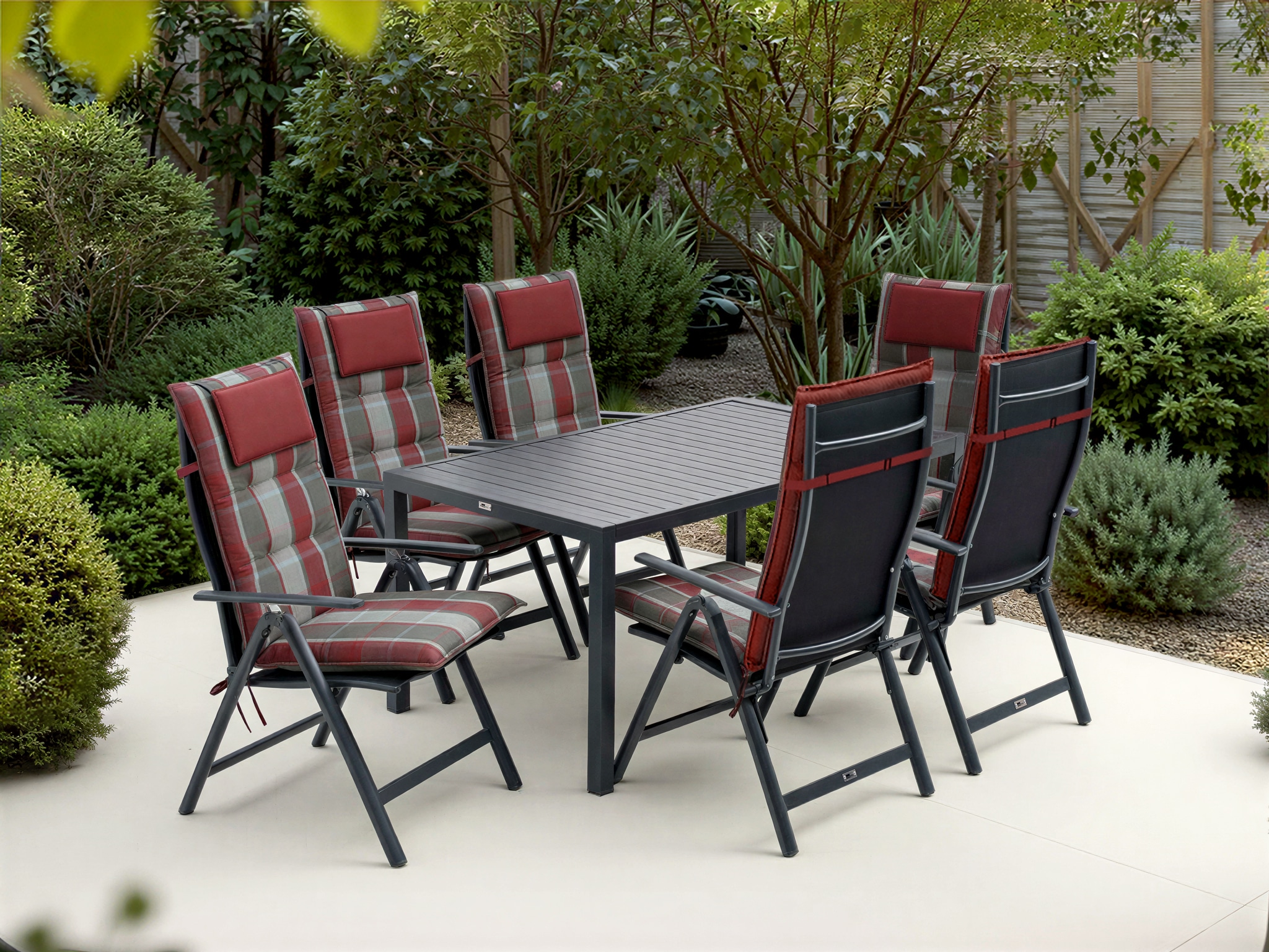 KONIFERA Garten-Essgruppe »Messina« 6x Sessel, 1x  Tisch 160x90x74 cm, Aluminium, Textilgewebe, 7 Stk. tlg. klappbar, 7-fach verstellbare Rückenlehne, Tischplatte aus Alulatten