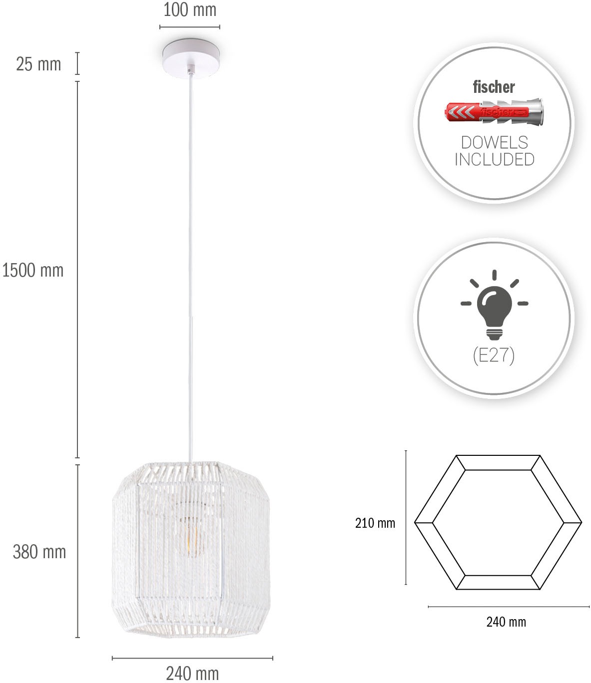 Paco Home Pendelleuchte »Hugo Pepe«, Leuchtmittel E27 | ohne Leuchtmittel, Wohnzimmer Esszimmer Rattan Optik Boho Schirm Papier Sechseckig