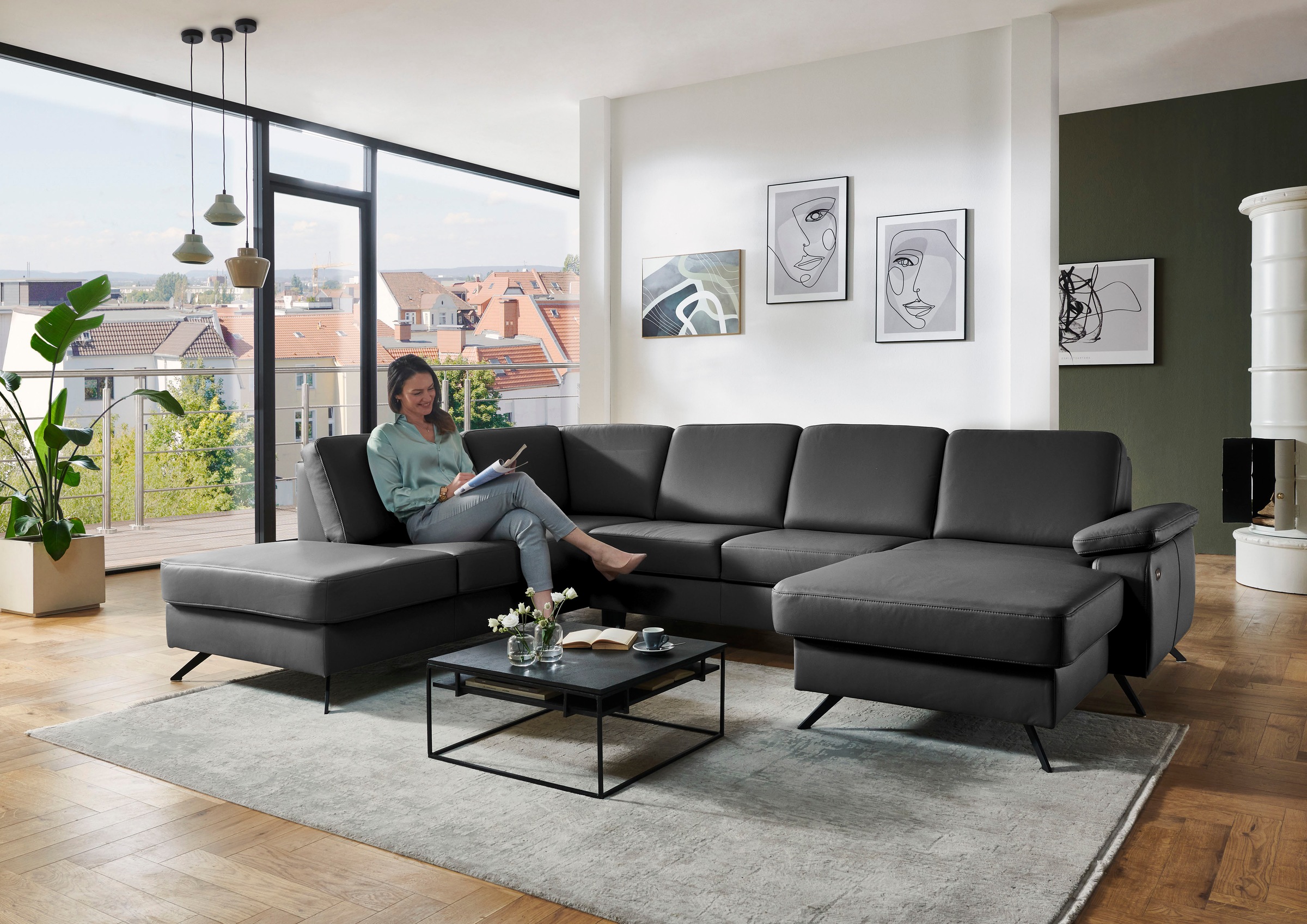 Die PlanBar Wohnlandschaft »PN-EM15047 U-Form, ohne Kopfstützen« Echtleder, wahlweise mit  Bettfunktion u. Stauraum