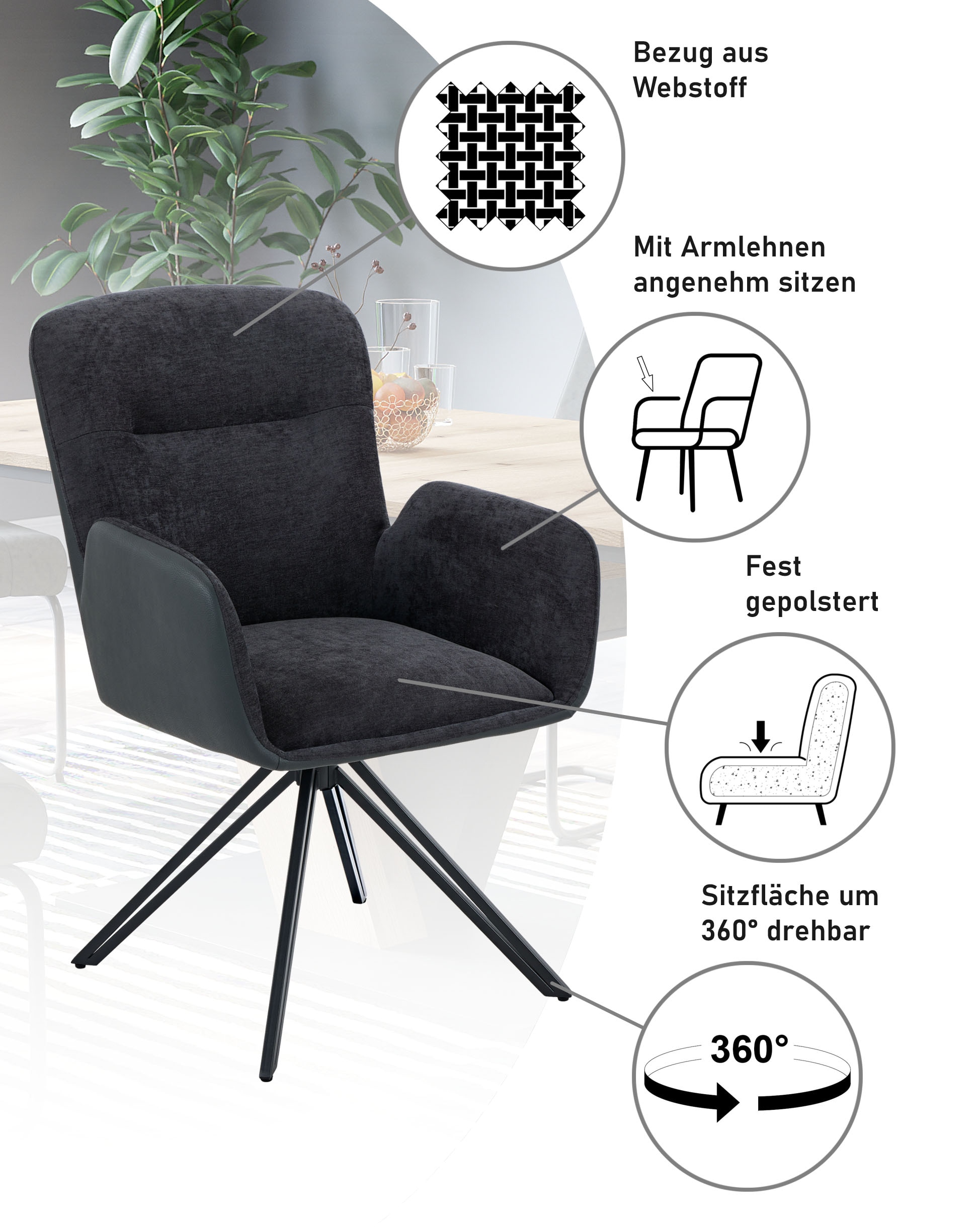 HELA Drehstuhl »MILAZZO« (Set) 2 Stk.Drehsessel mit Armlehnen (360°), Materialkombination, V-Gestell