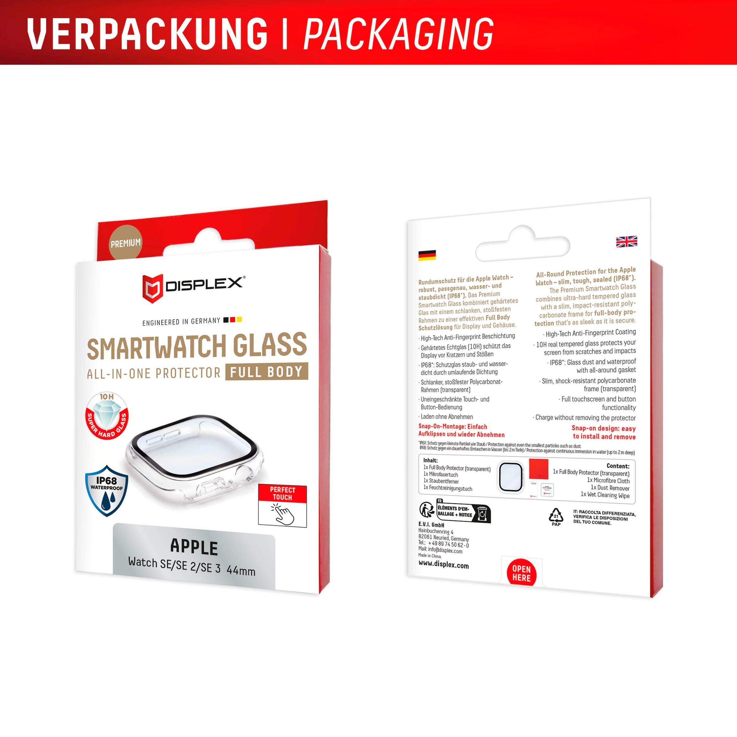 Displex Displayschutzglas »Smartwatch Glass All-In-One Protector Full Body« für Apple Watch SE 44 mm;Apple Watch SE 2 44 mm;Apple Watch SE 3 44 mm Displayschutzfolie, Schutzfolie, Bildschirmschutz, kratz- & stoßfest