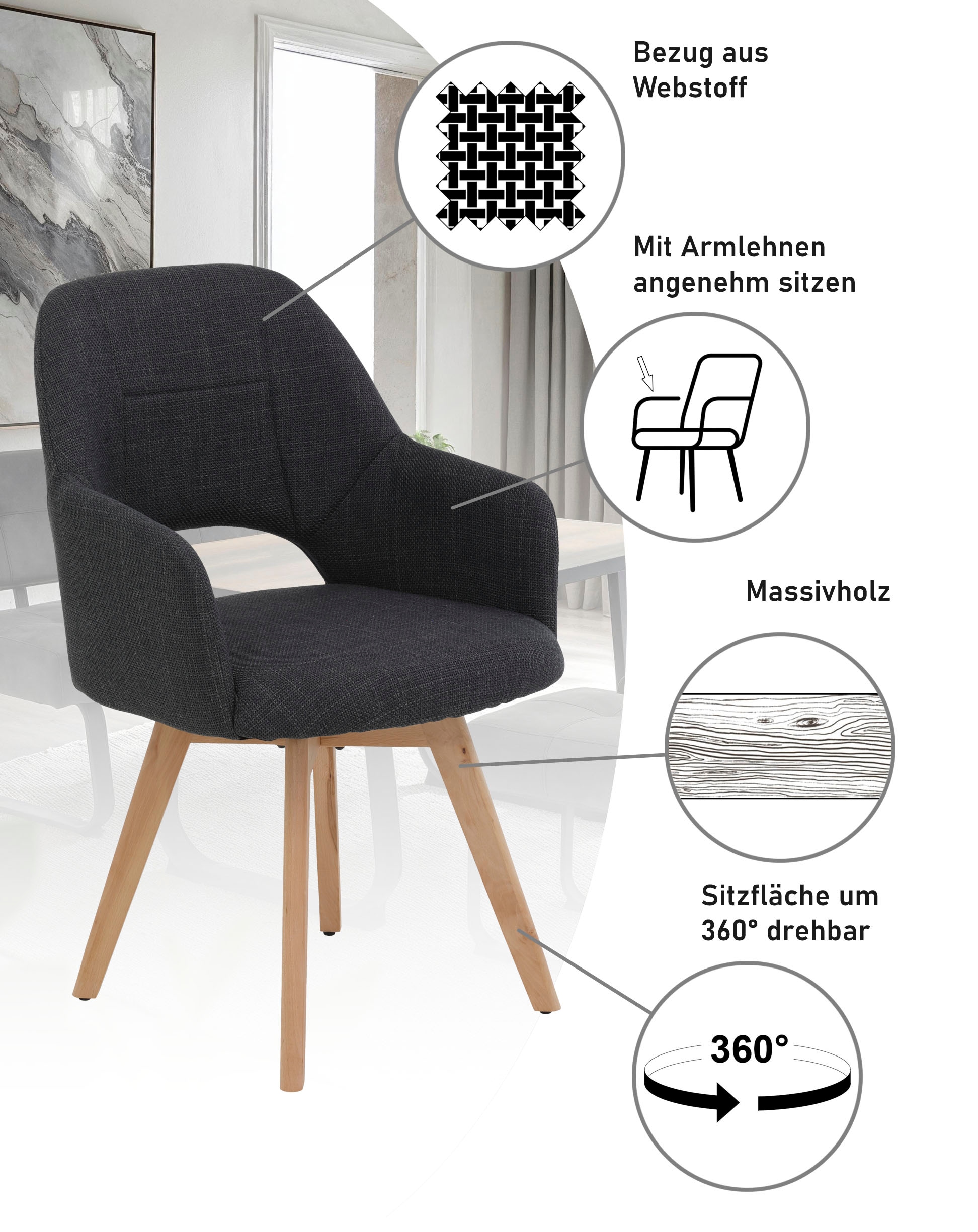HELA 4-Fußstuhl »STADE« (Set) 2 Stk.360° drehbar,Massivholz 4-Fuß,Armlehnen,Ausschnitt im Rücken