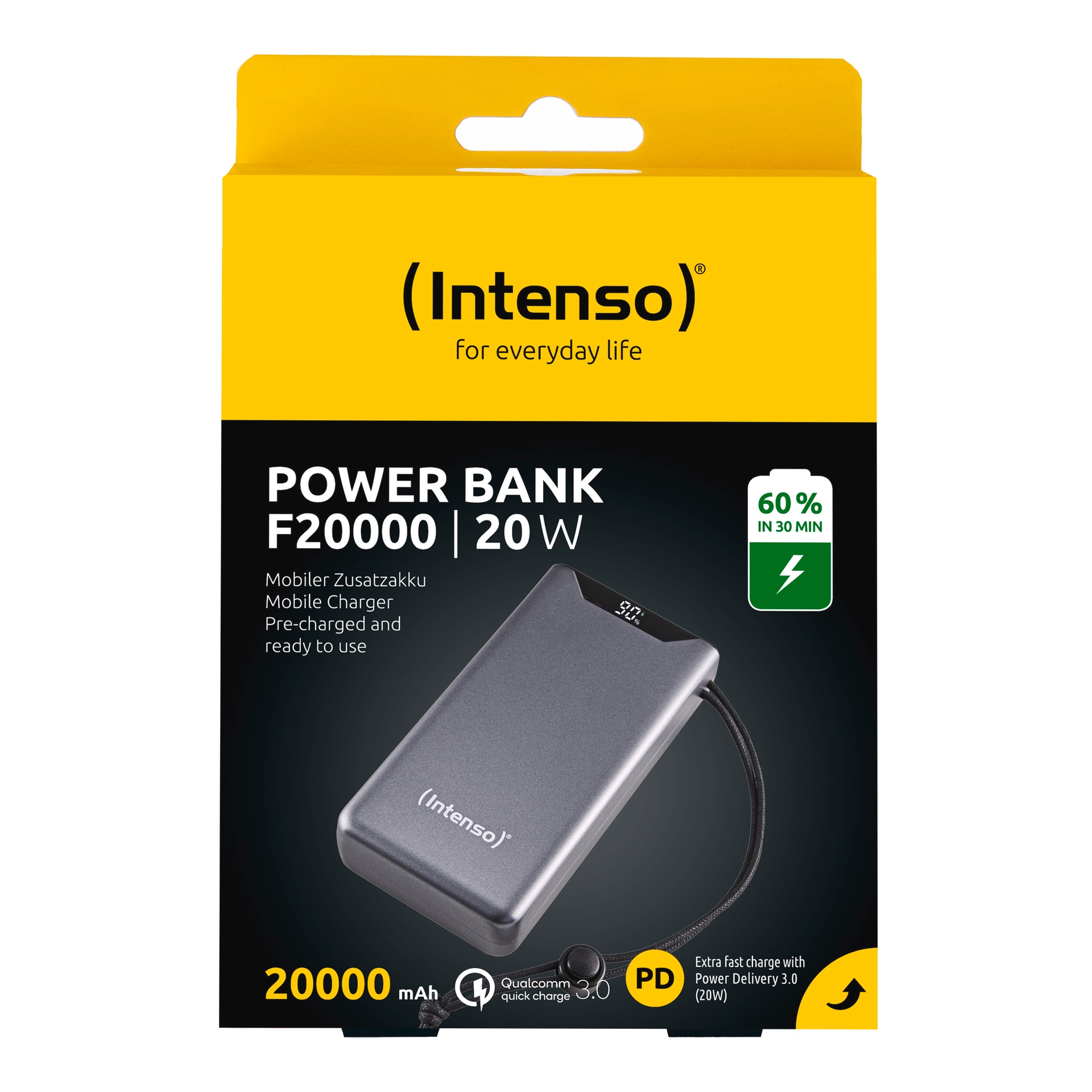 Intenso Powerbank »F20000 20.000 mAh 20 W«, Intenso Power Bank F20000 green, Power Delivery und Qualcomm Quick Charge 3.0, mit USB-C zu USB-C Kabel
