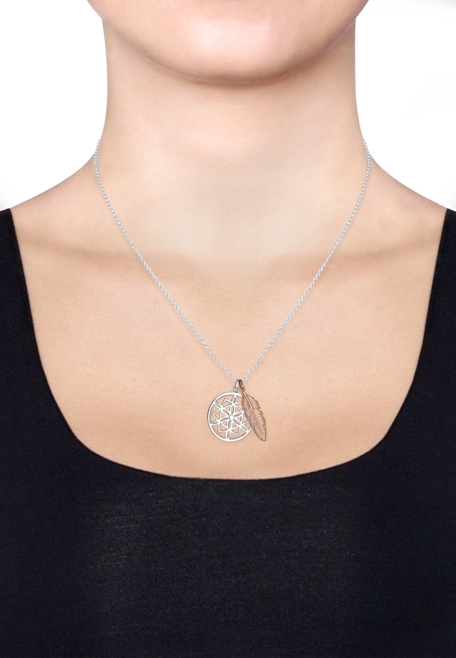 Elli Kette mit Anhänger »Halskette Ornament Feder Anhänger Traumfänger 925 Sterling Silber bicolor«