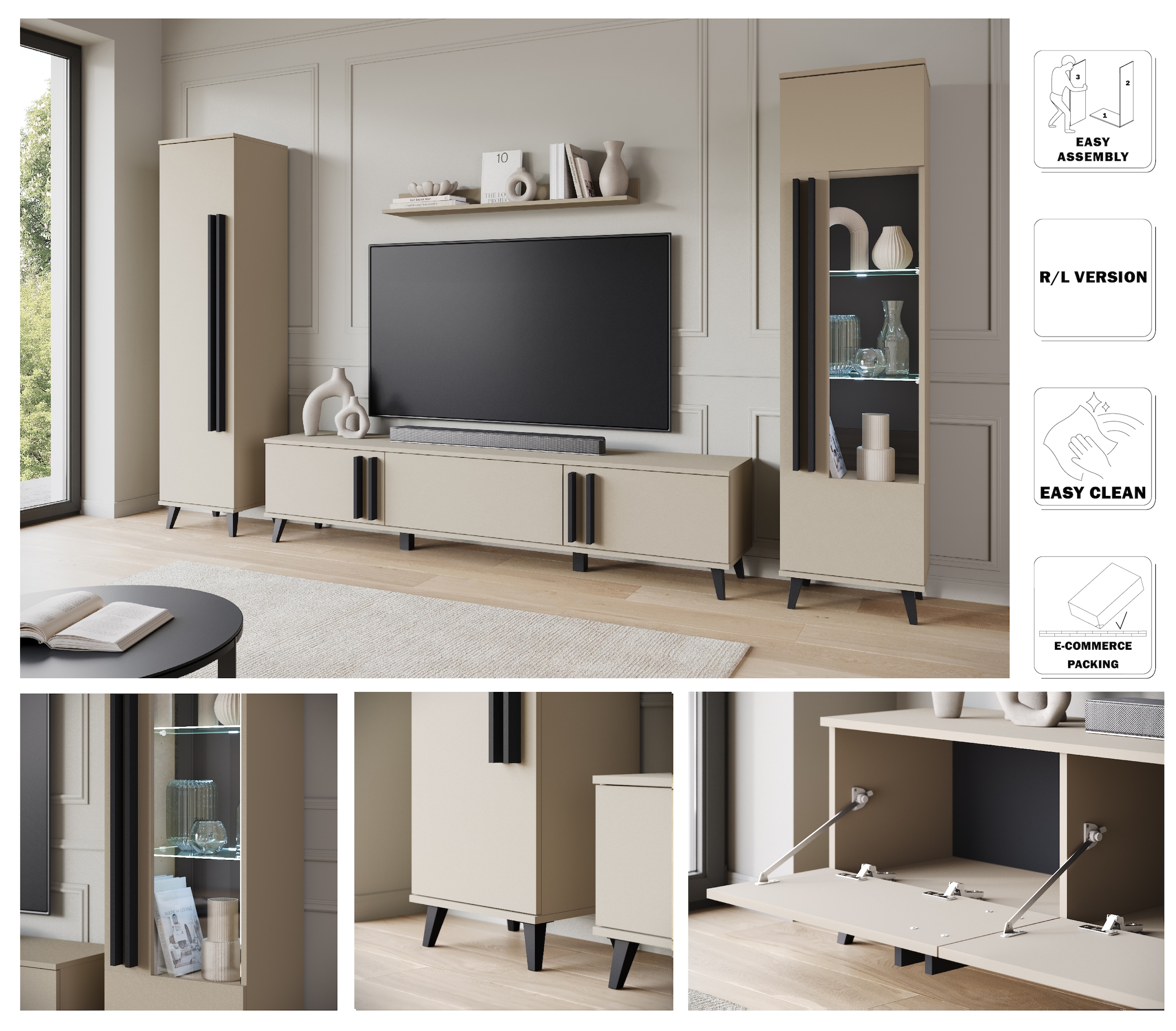 INOSIGN Wohnwand »Helsinki, Modernes Set mit verglaster Vitrine«, (Komplett-Set, 4 St.), mit lamellengriffen, verstellbaren Einlegeböden und Kunststofffüßen