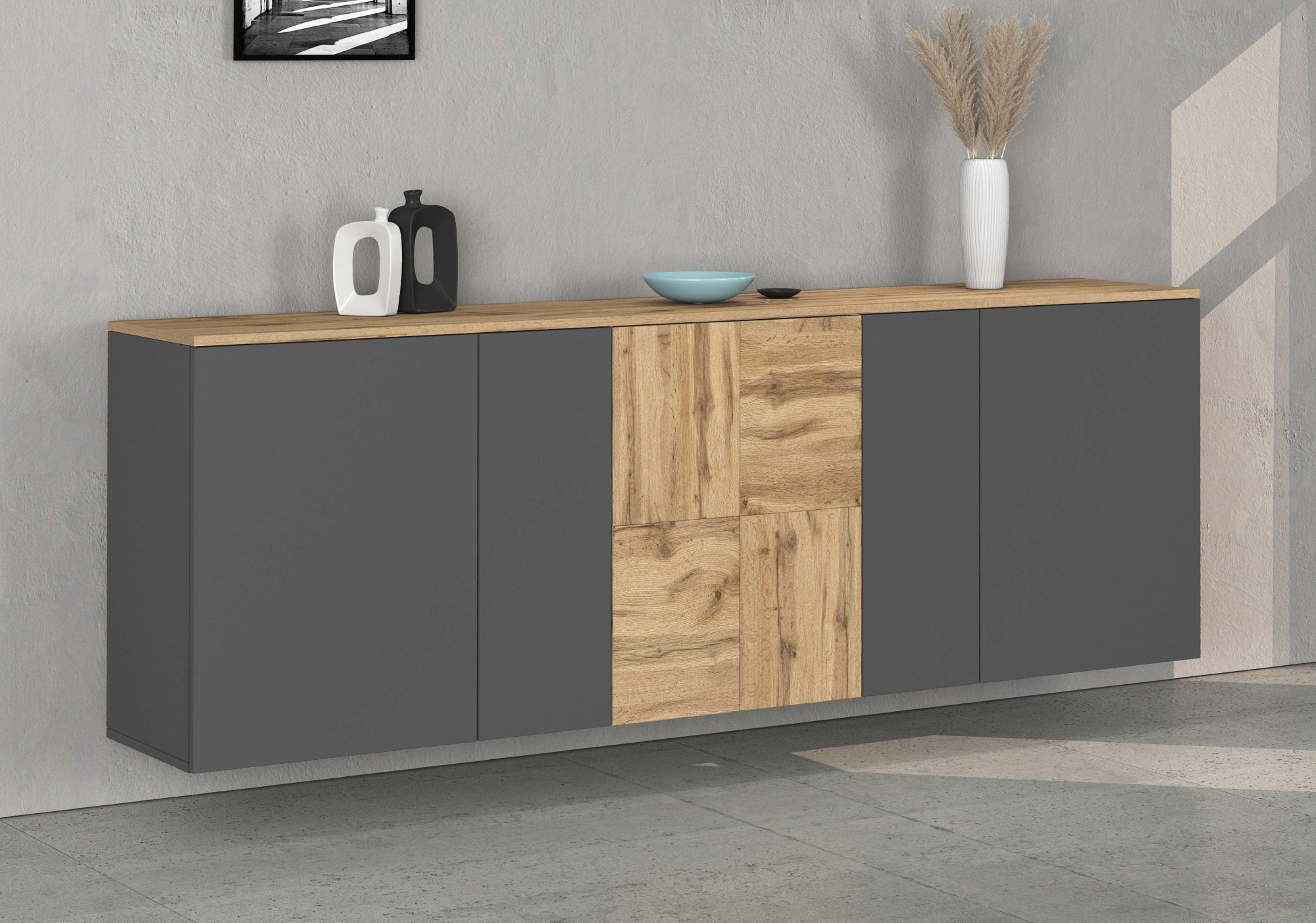 OTTO home Sideboard »ISEO, Kommode, Schrank, Sideboard, Lowboard, 6 Fächer, Breite 200 cm« 1 Stk. tlg. stehend/hängend, 5 Türen, 6 Fächer, Breite 200 cm