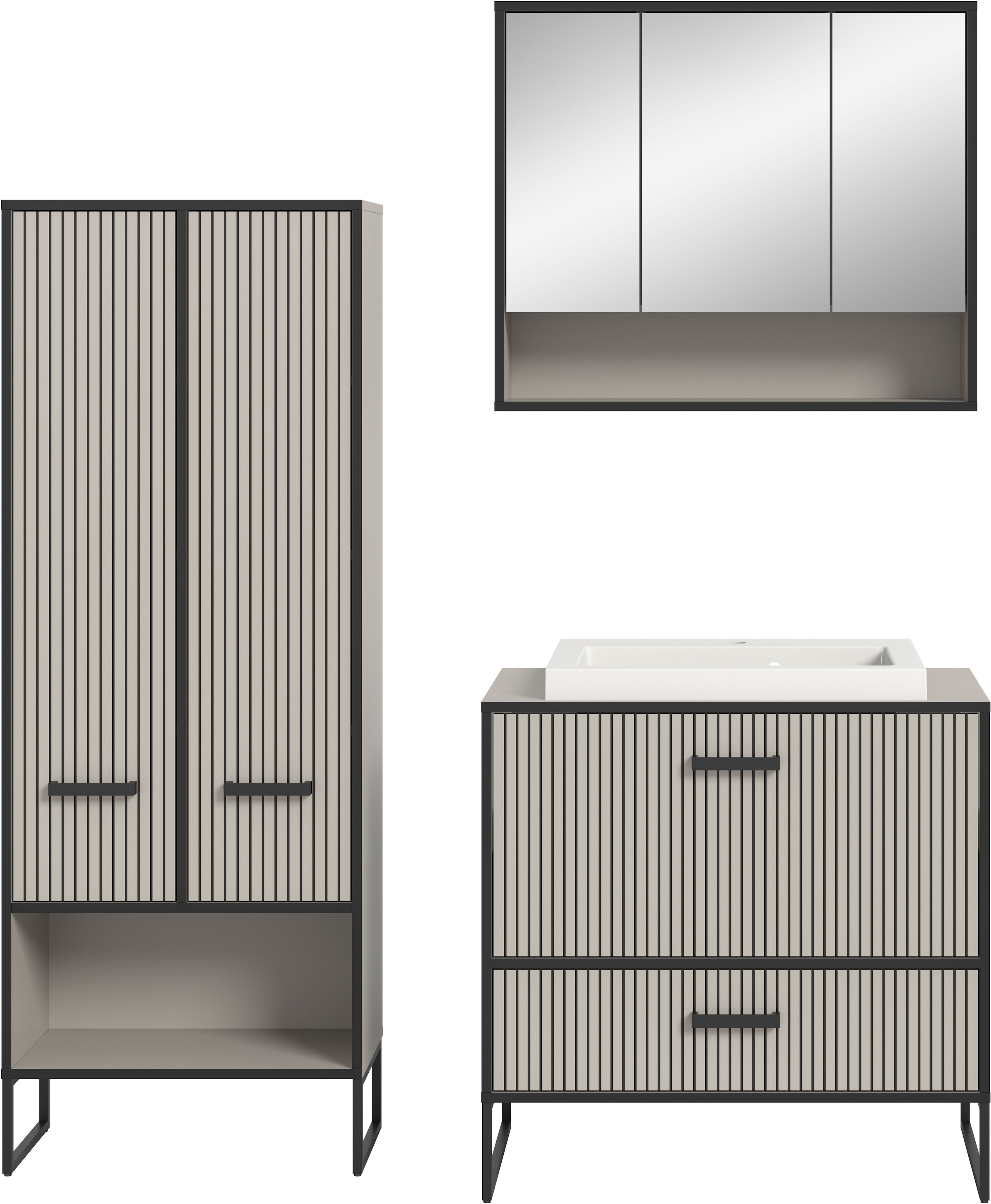 welltime Badmöbel-Set »Locri, Breite 154 cm, Rillenoptik, Metallkufen«, (3 St.), best. aus: Hochschrank, Spiegelschrank, Waschtisch