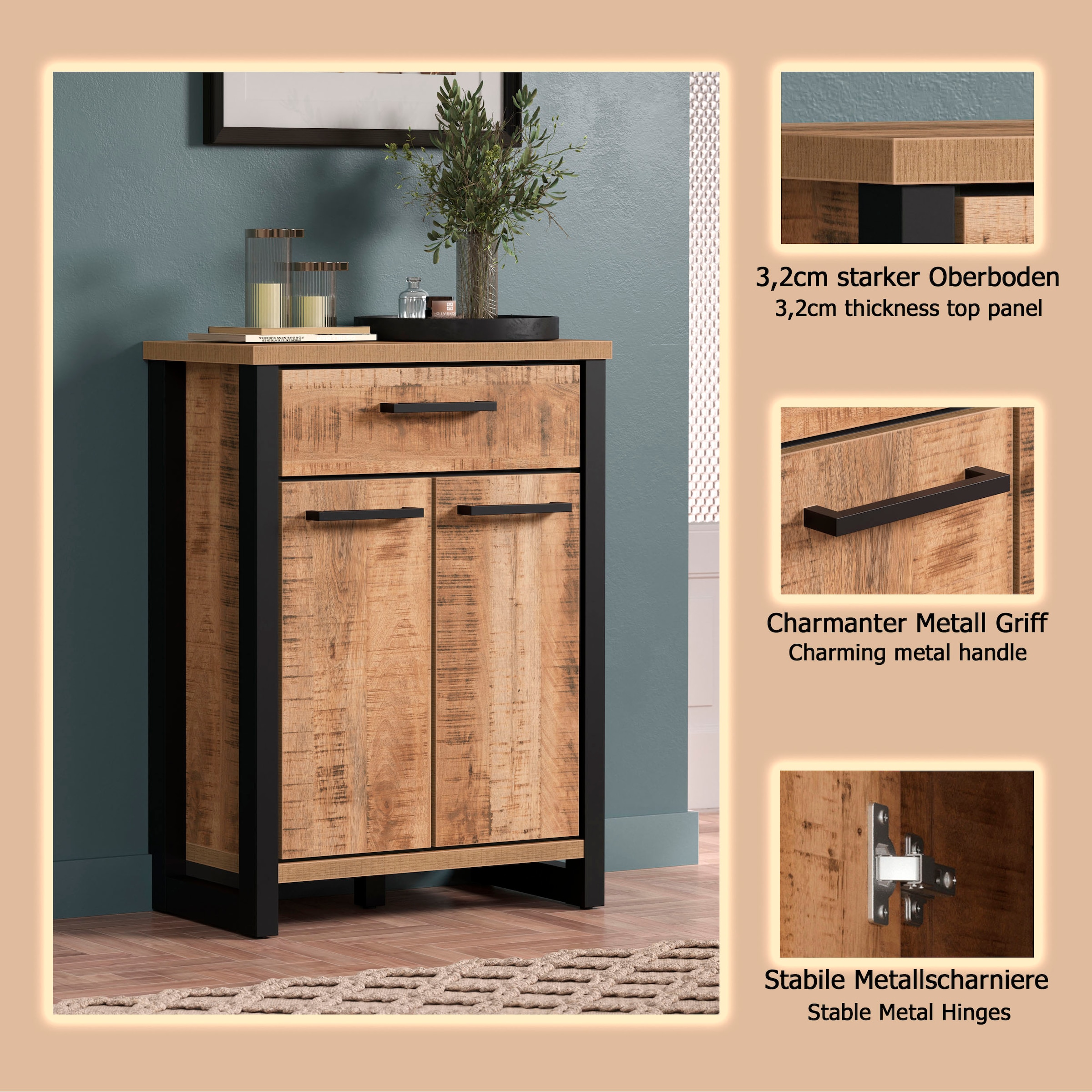 Home affaire Kommode »Elda« 1 Stk. tlg. Kommode mit 2 Türen, 1 Schublade mit Vollauszug – (B/T/H) 73/39/100 cm