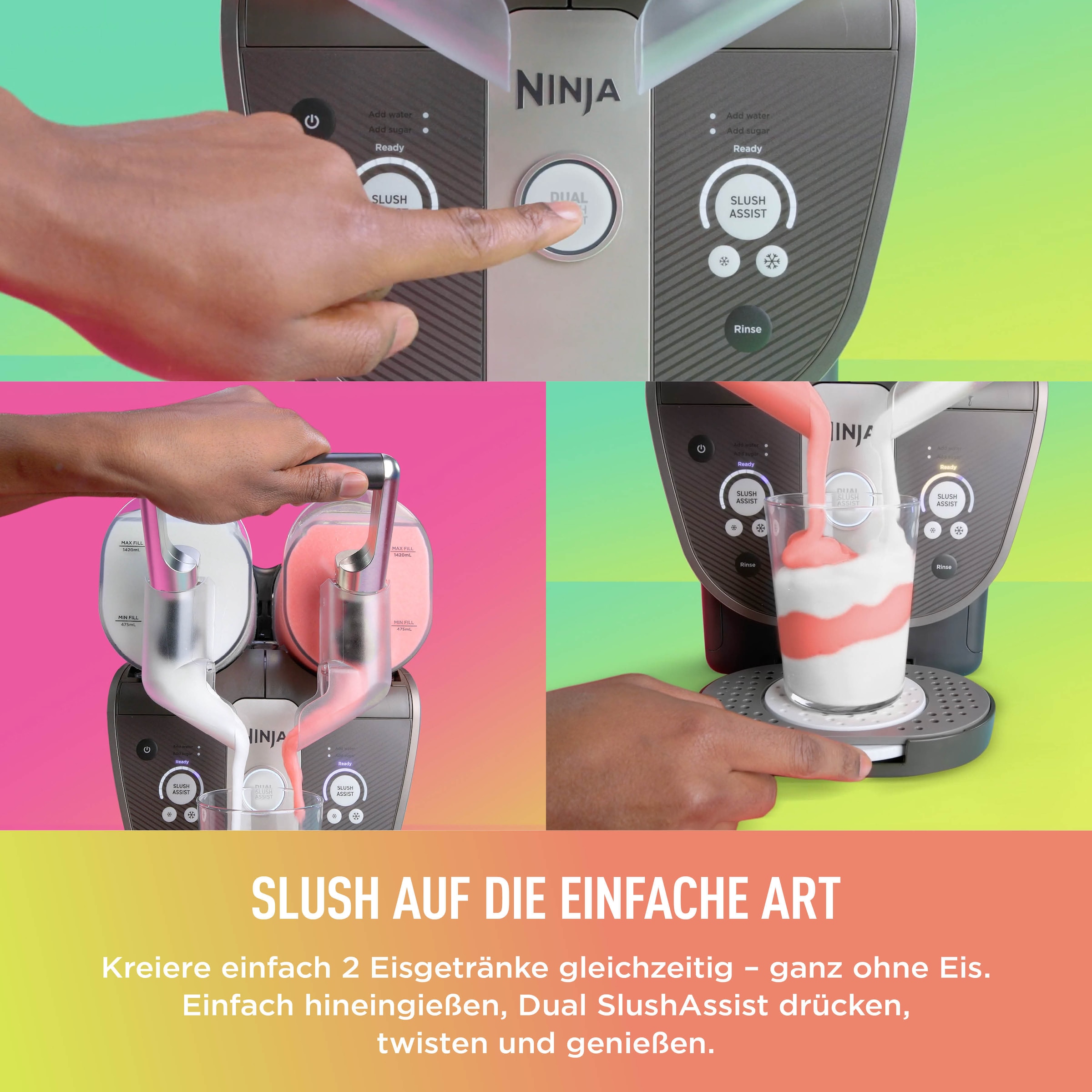 NINJA Slush-Eismaschine »SLUSHi Twist, 2-in-1 SLUSHi Maschine, Dual-SlushAssist-Technologie« 1,42 l 500 W 2 Behälter für gleichzeitige Zubereitung von zwei Geschmacksrichtungen