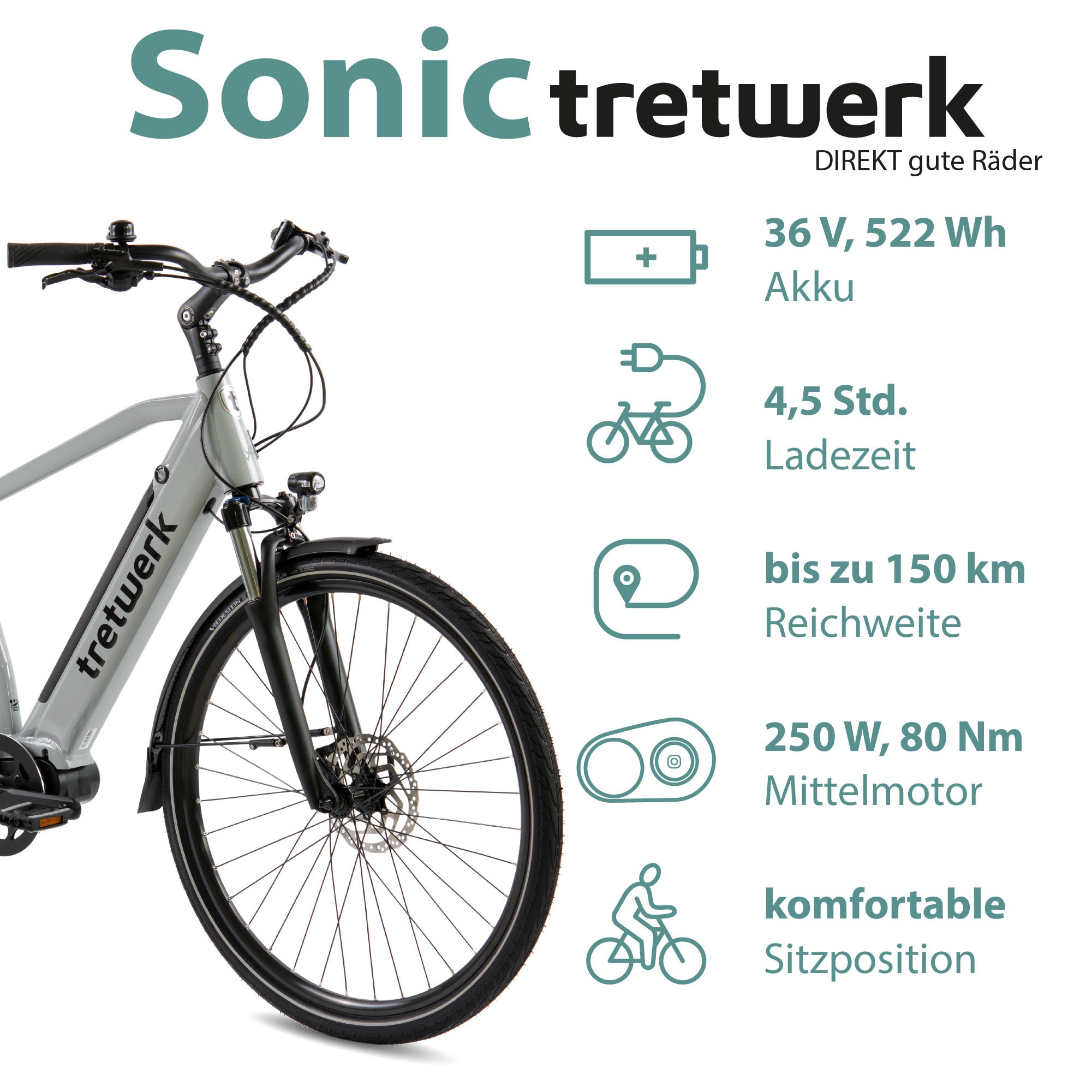 Tretwerk »Sonic« 8 Gang Shimano Acera M3020 SGS Schaltwerk Kettenschaltung Mittelmotor 250 W Pedelec, Elektrofahrrad für Damen u. Herren