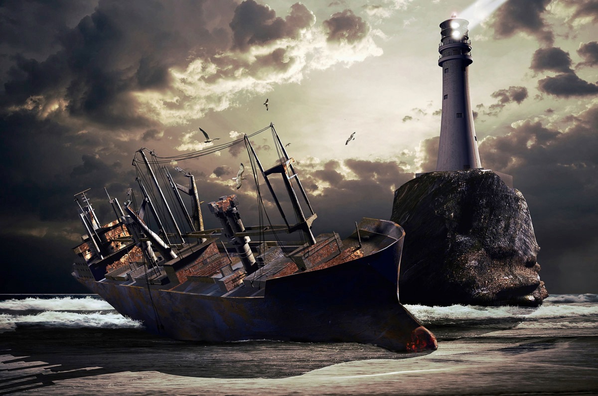 Fototapete »Gestrandetes Schiff mit Leuchtturm«
