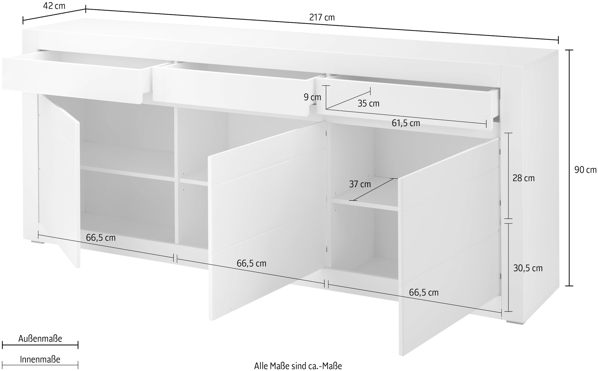 INOSIGN Sideboard »Chester, moderne Anrichte, Kommode mit Stauraum, Schrank, Weiß Matt«, (1 St.), austauschbare Blende in Griffleiste, zeitloses Design, 217 cm breit