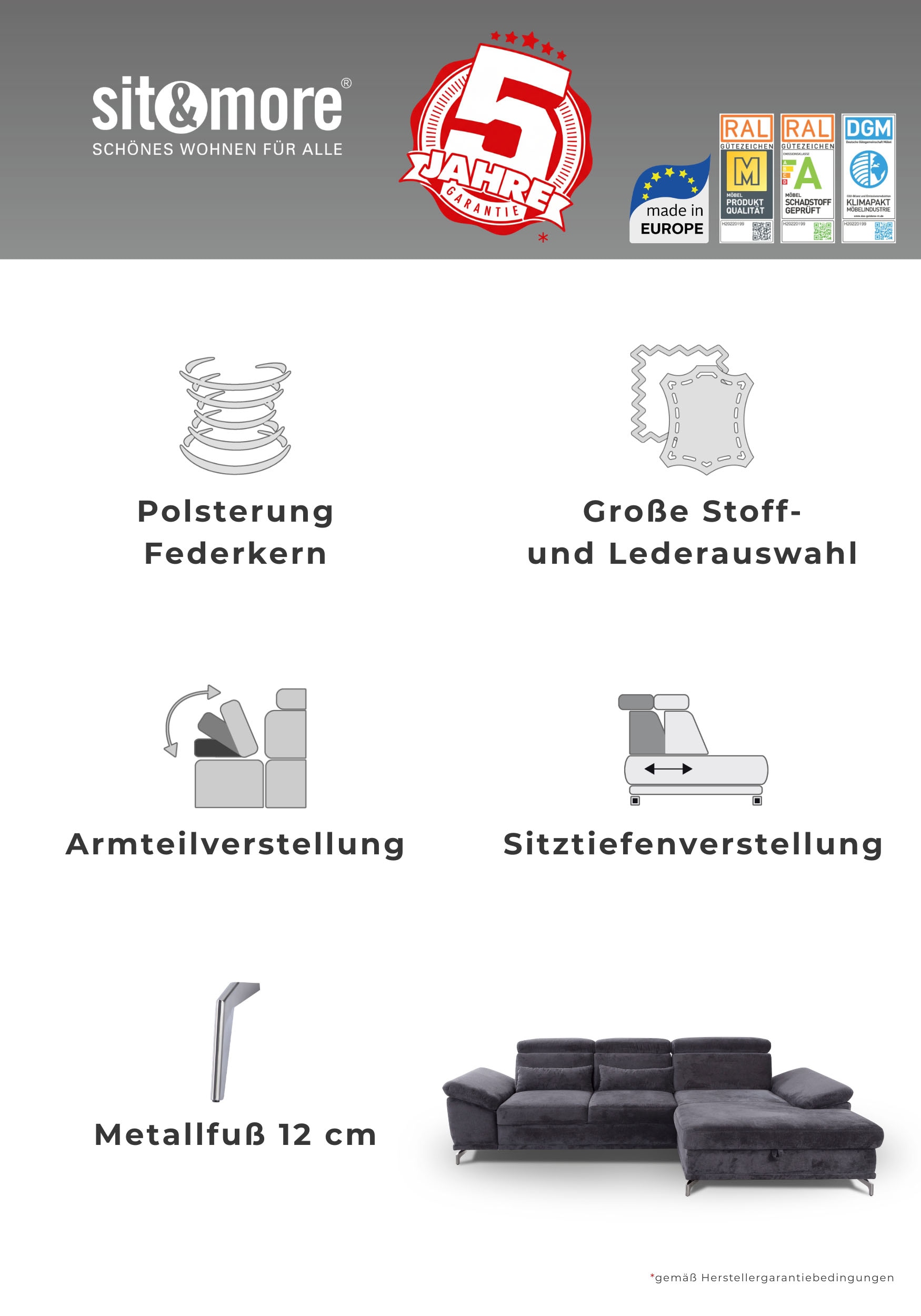 sit&more Wohnlandschaft »Cabrio U-Form, B: 359 cm, mit Sitztiefen-, Arm- & Kopfteilverstellung« 3 Nierenkissen, Federkern, optional Schlaffunktion und Stauraum