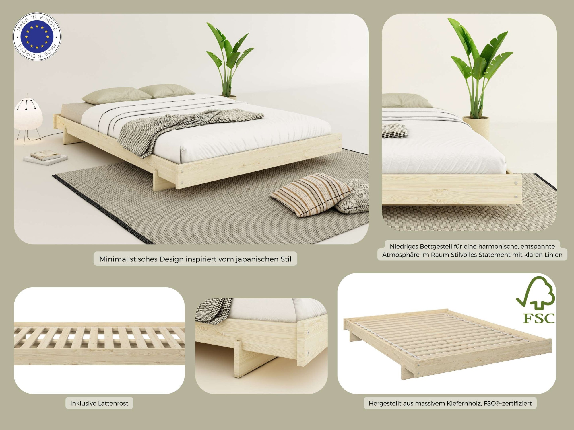 OTTO home Bettgestell »Senja, Bett, Massivholzbett, minimalistisches Design« B/T/H: 148/205,1/22,6 cm,  inklusive Lattenrost, Liegefläche 140x200 cm, aus massiver Kiefer